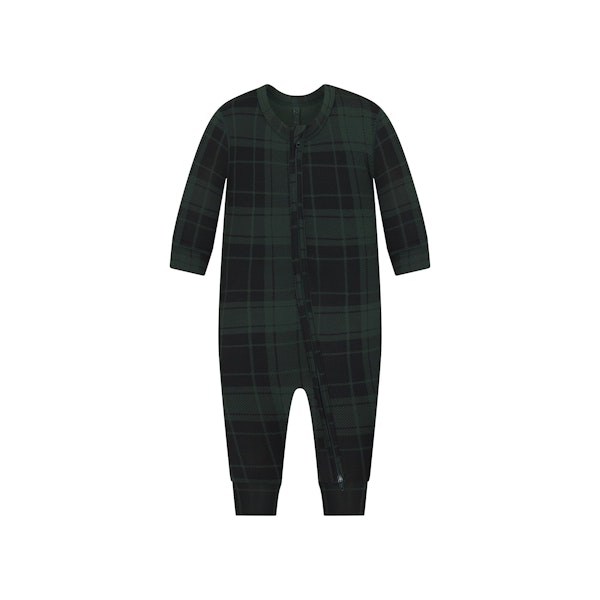 SKIMS SLEEP BABY ONESIE | CYPRESS PLAID FLAT ON A WHITE BACKGROUND | FLT