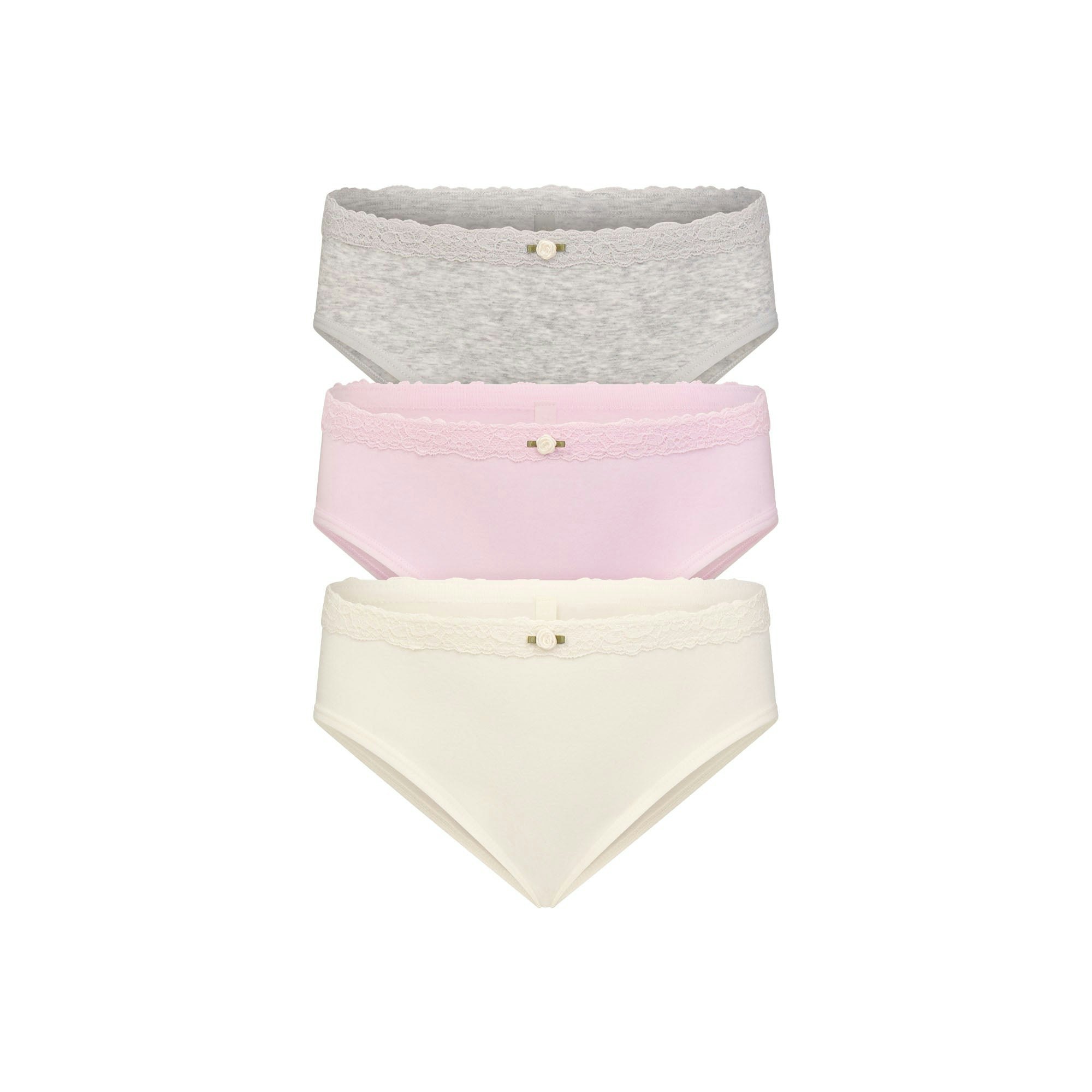 COTTON SEAMLESS JUNIORS LACE BIKINI 3-PACK | ECRU CHERRY BLOSSOM MULTI | FLAT ON A WHITE BACKGROUND