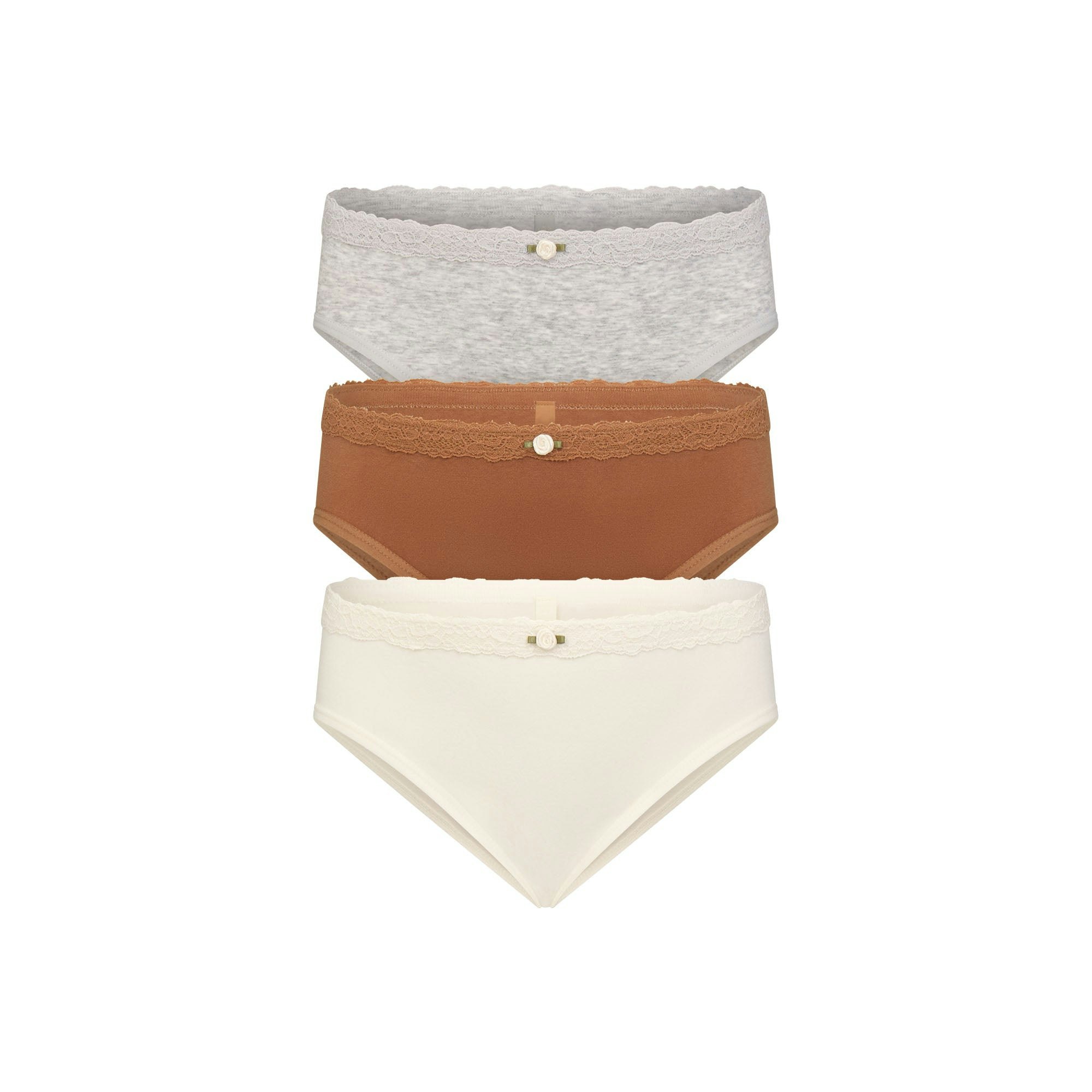 COTTON SEAMLESS JUNIORS LACE BIKINI 3-PACK | ECRU CAMEL MULTI FLAT ON A WHITE BACKGROUND | FLT @ | FOCUS: 0.0, 1.0, 0.9