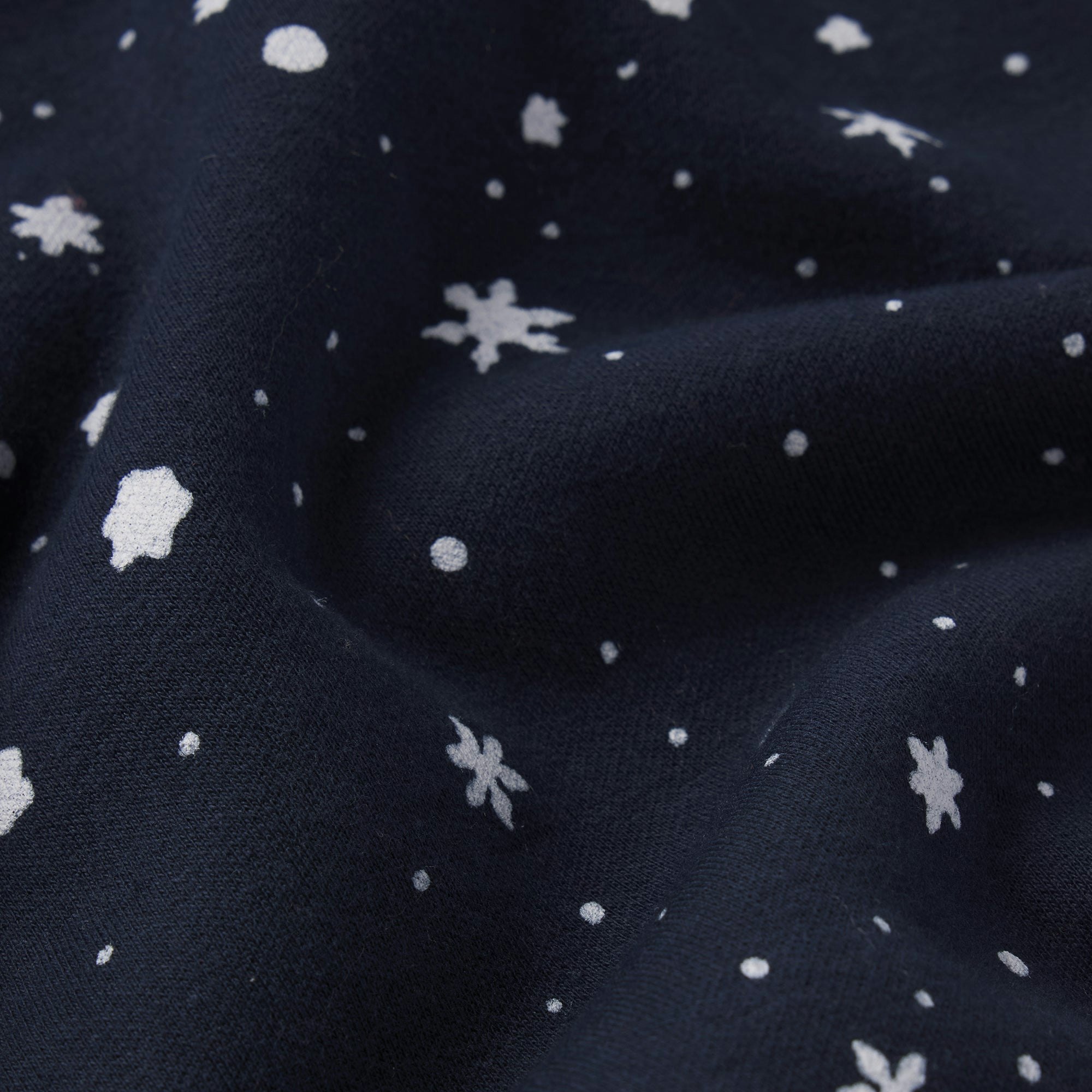 CACTUS PLANT FLEA MARKET X SKIMS COTTON FLEECE STRAIGHT LEG PANT | NAVY HO HO HO SNOW PRINT ADDITIONAL FABRIC DETAILS | about this fabric