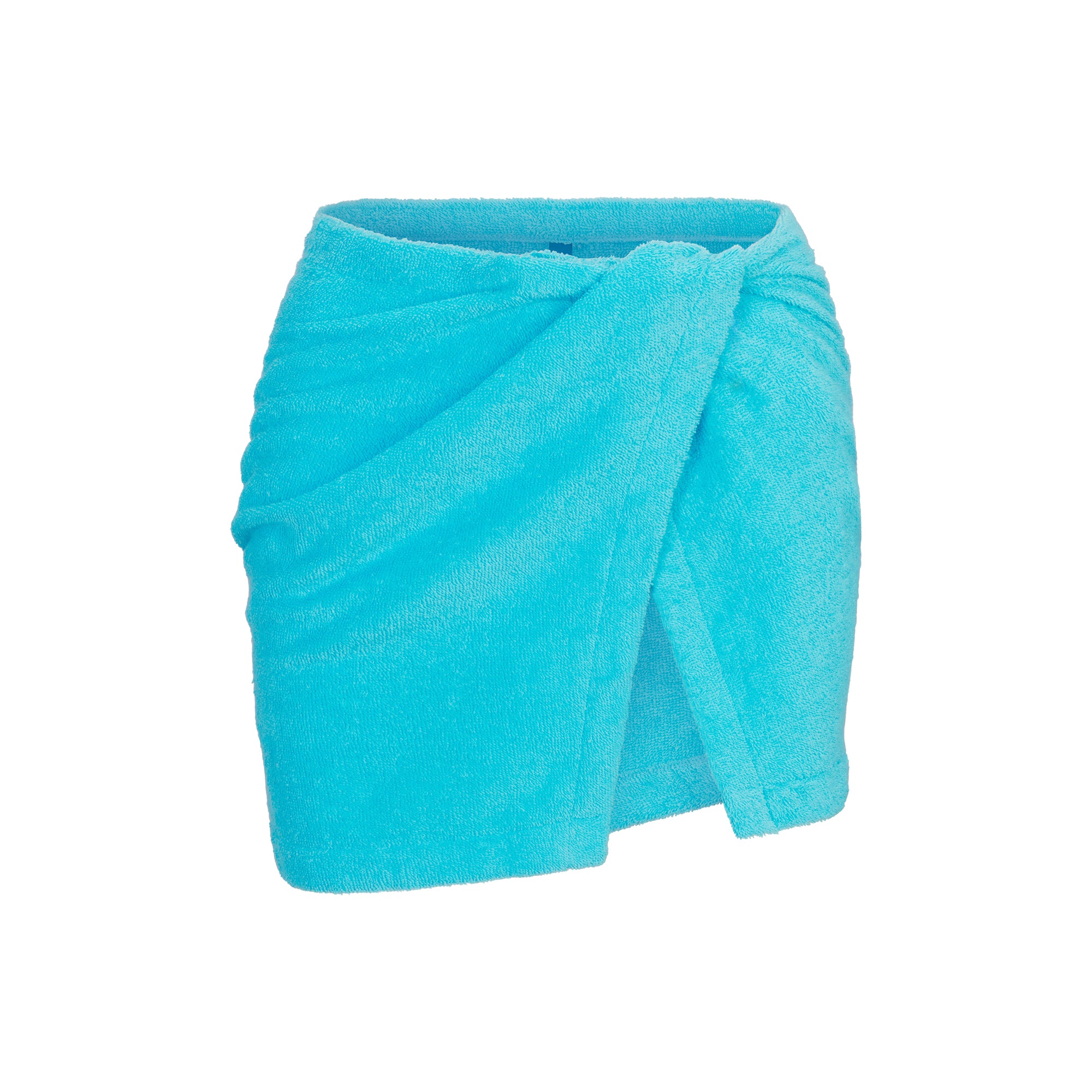 TERRY COVER-UPS WRAP SKIRT | CYAN LAYS FLAT ON A WHITE BACKGROUND | FLT