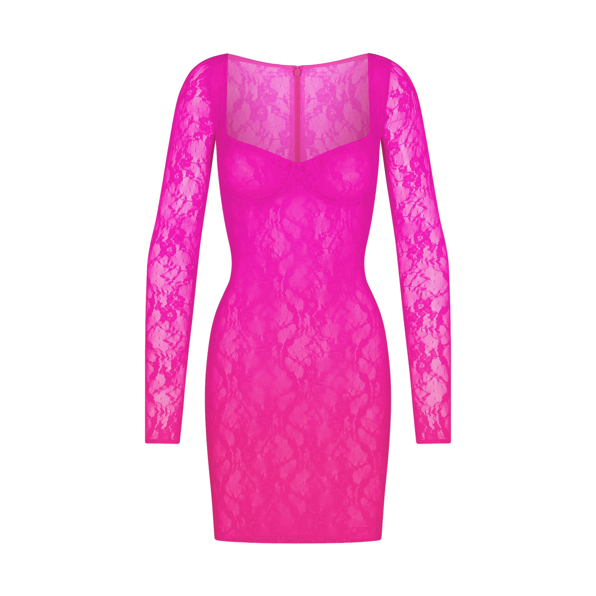 STRETCH LACE LINED LONG SLEEVE UNDERWIRE DRESS NEON PINK XXS