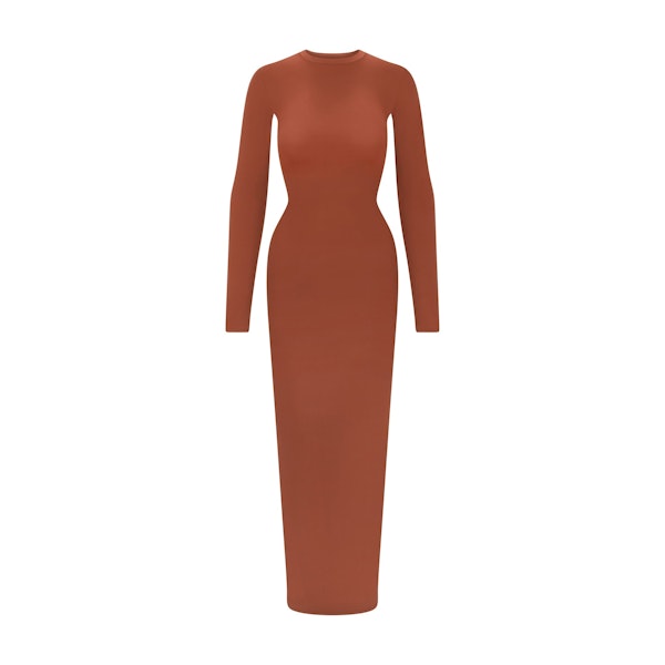 FITS EVERYBODY CREW NECK LONG SLEEVE DRESS | SAFFRON FLAT ON A WHITE BACKGROUND | FLT
