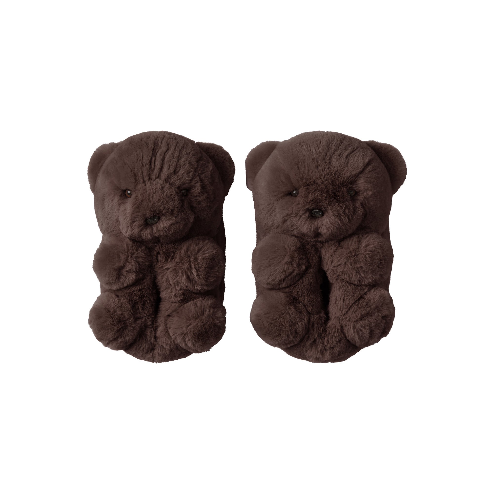 FURRY TEDDY BEAR SLIPPER | ESPRESSO FLAT ON A WHITE BACKGROUND | FLT @ | FOCUS: 0.0, 1.0, 0.9