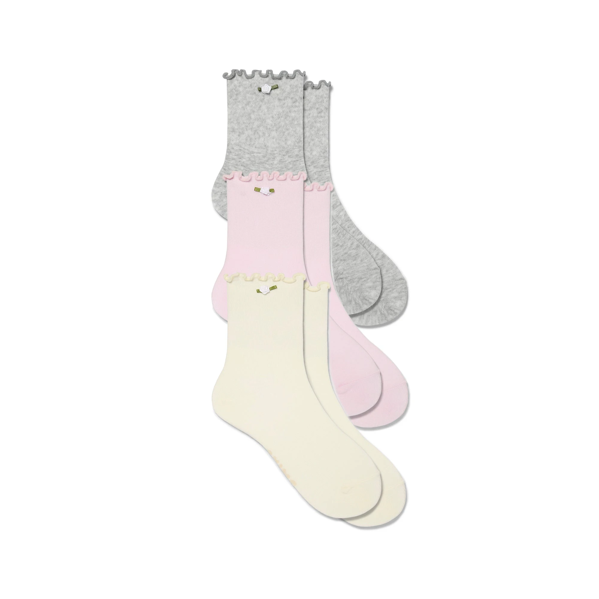 COTTON SEAMLESS JUNIORS LETTUCE EDGE SOCK 3-PACK | ECRU CHERRY BLOSSOM MULTI FLAT ON A WHITE BACKGROUND | FLT @ | FOCUS: 0.9, 0.1, 0.7