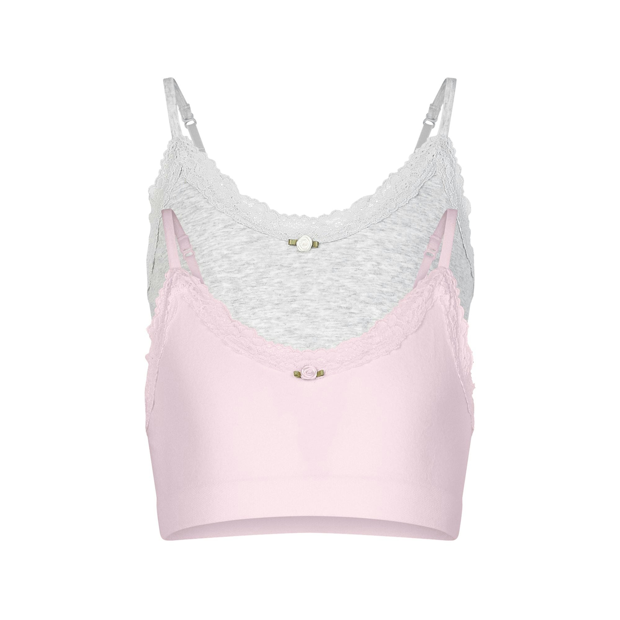 COTTON SEAMLESS JUNIORS LACE SCOOP BRALETTE 2-PACK | CHERRY BLOSSOM AND LIGHT HEATHER GREY