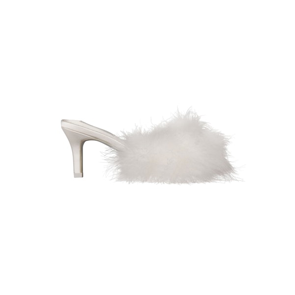 FEATHER KITTEN HEEL | IVORY LAYS FLAT ON A WHITE BACKGROUND | FLT @ | FOCUS: 0.0, 1.0, 0.9