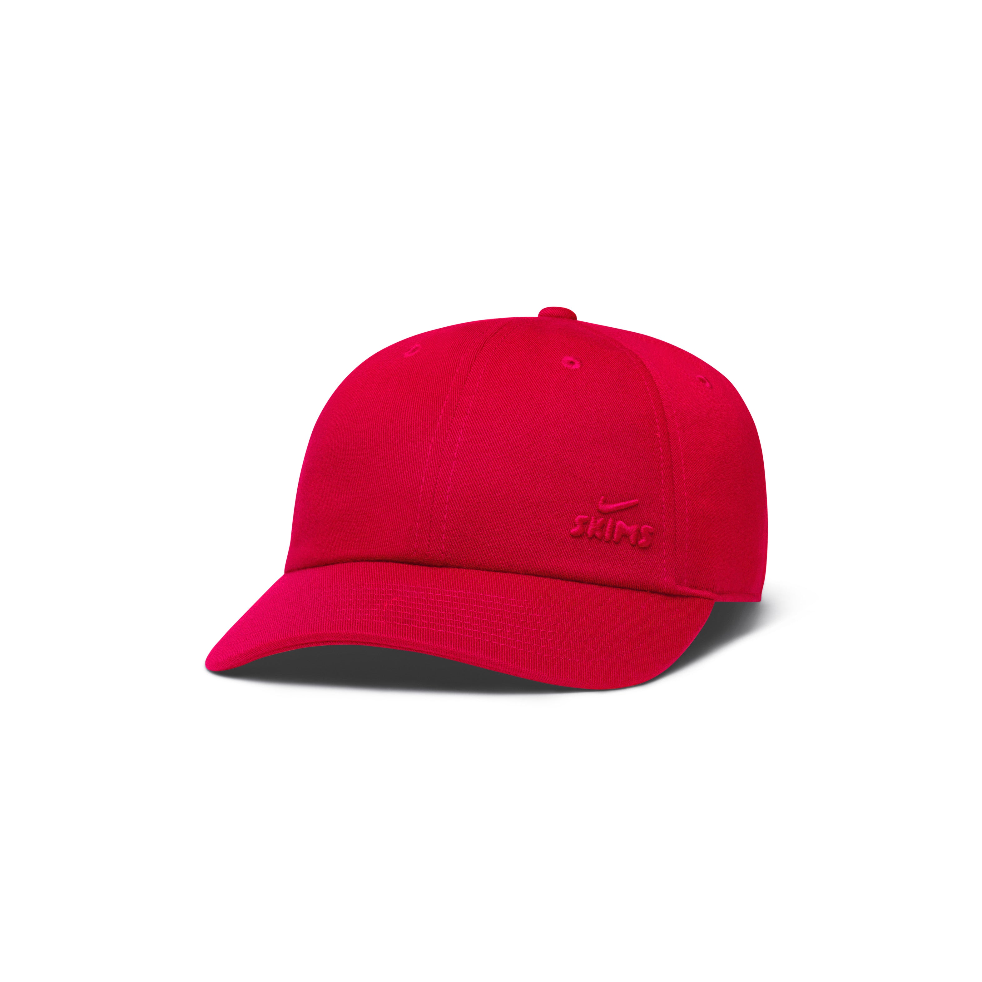 NikeSKIMS ACCESSORIES CLUB CAP | UNIVERSITY RED & LAYS FLAT ON A WHITE BACKGROUND | FLT @ | FOCUS: 0.0, 1.0, 0.9