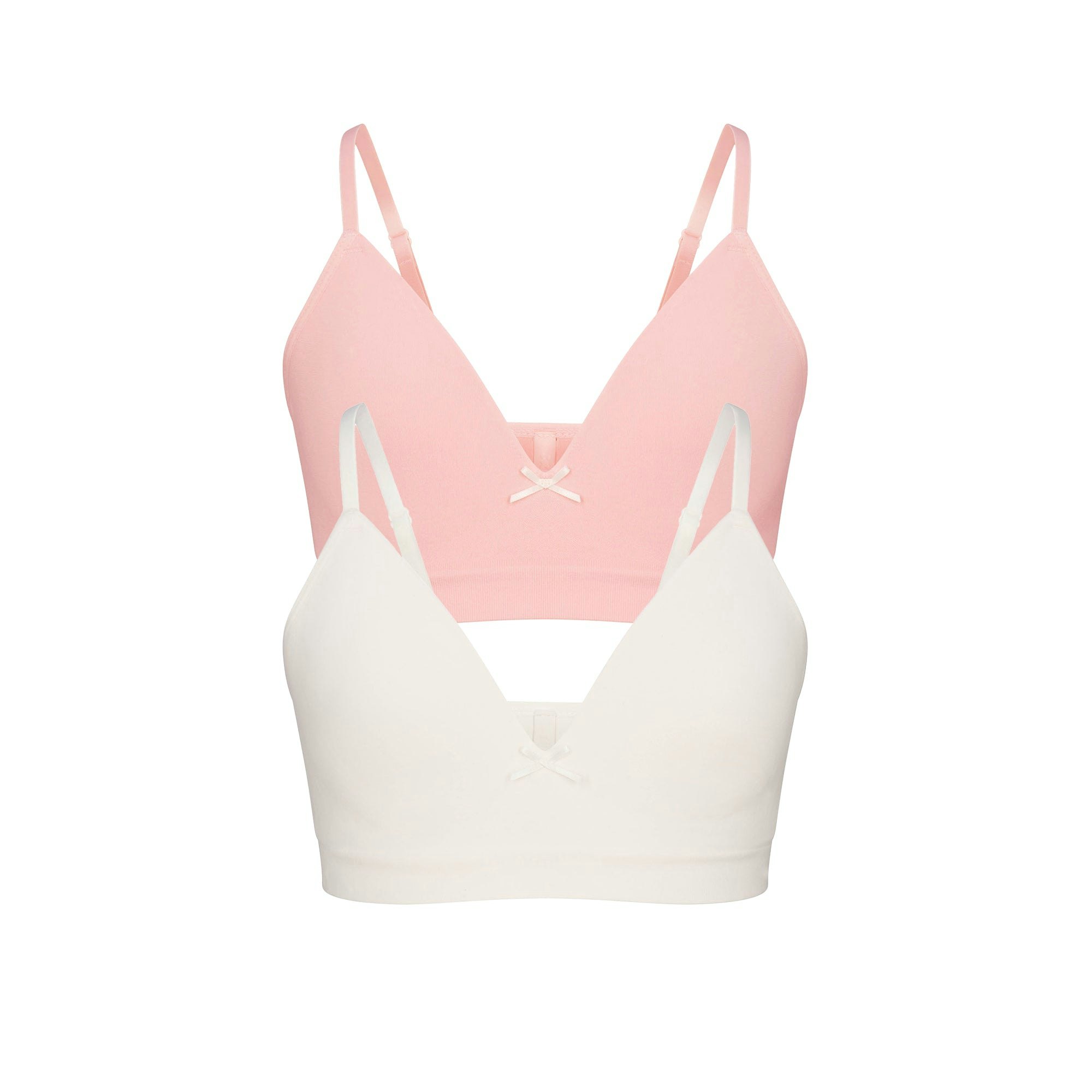 COTTON SEAMLESS GIRLS BRA 2-PACK | MARBLE AND BALLET FLAT ON A WHITE BACKGROUND @ | FLT