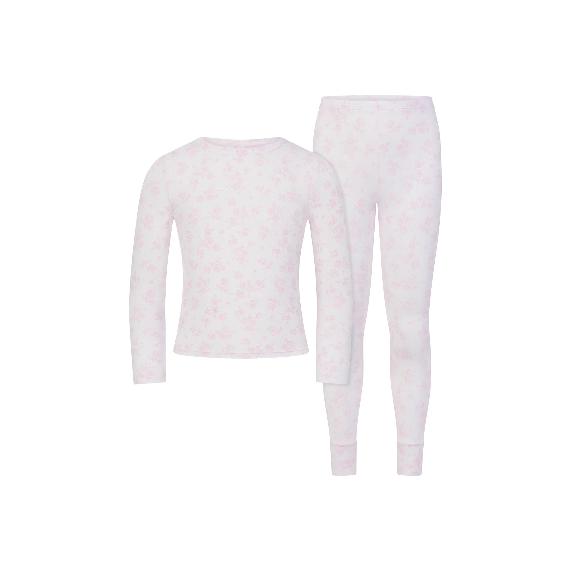 SKIMS SLEEP KIDS SLEEP SET | SNOW DELICATE FLORAL PRINT FLAT ON A WHITE BACKGROUND | FLT