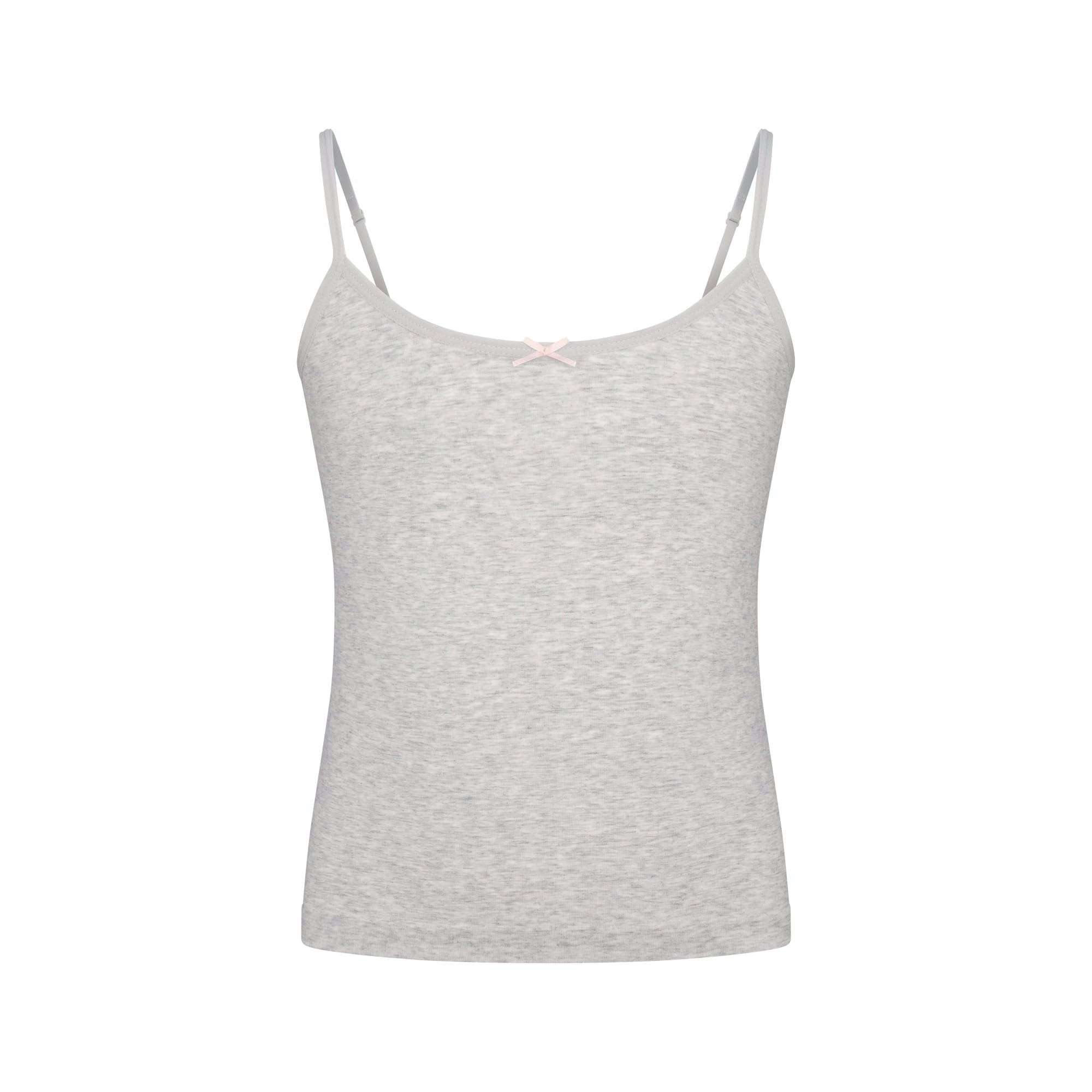 COTTON SEAMLESS GIRLS CAMI 2-PACK | LIGHT HEATHER GREY AND SOOT FLAT ON A WHITE BACKGROUND @ | FLT