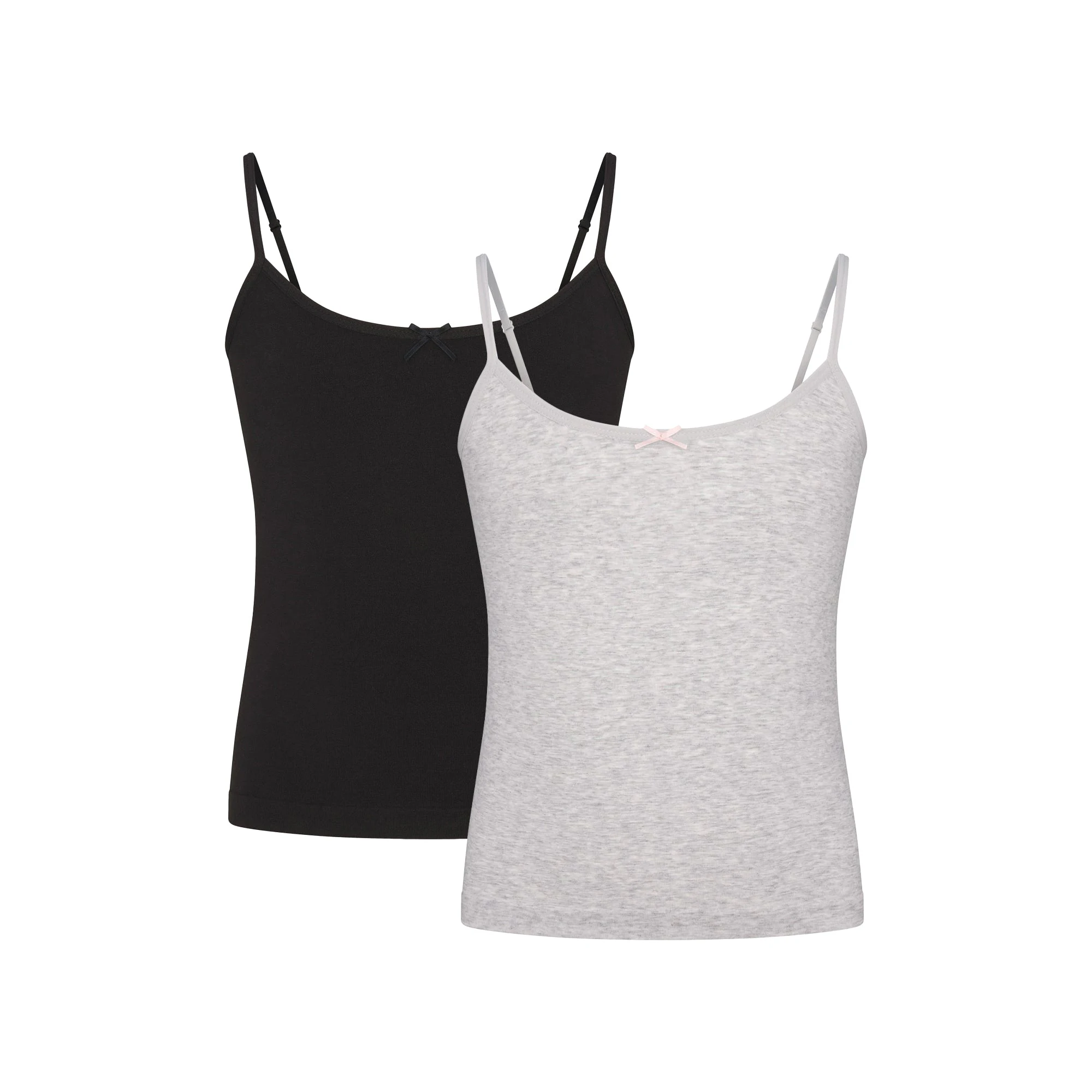 COTTON SEAMLESS GIRLS CAMI 2-PACK | LIGHT HEATHER GREY AND SOOT FLAT ON A WHITE BACKGROUND @ | FLT