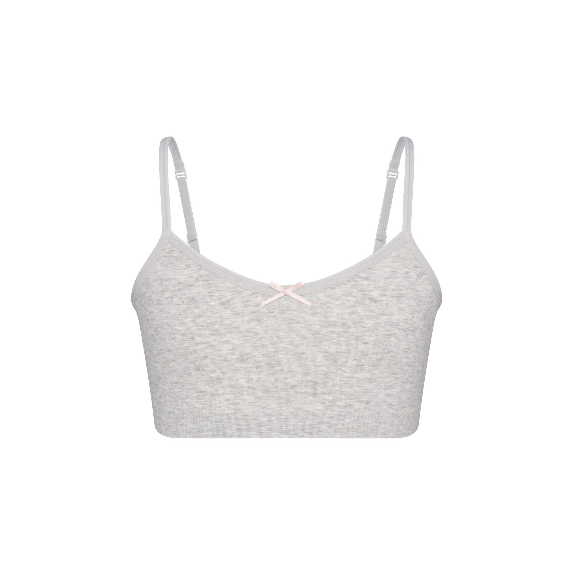 COTTON SEAMLESS GIRLS BRALETTE 2-PACK | LIGHT HEATHER GREY AND SOOT FLAT ON A WHITE BACKGROUND @ | FLT