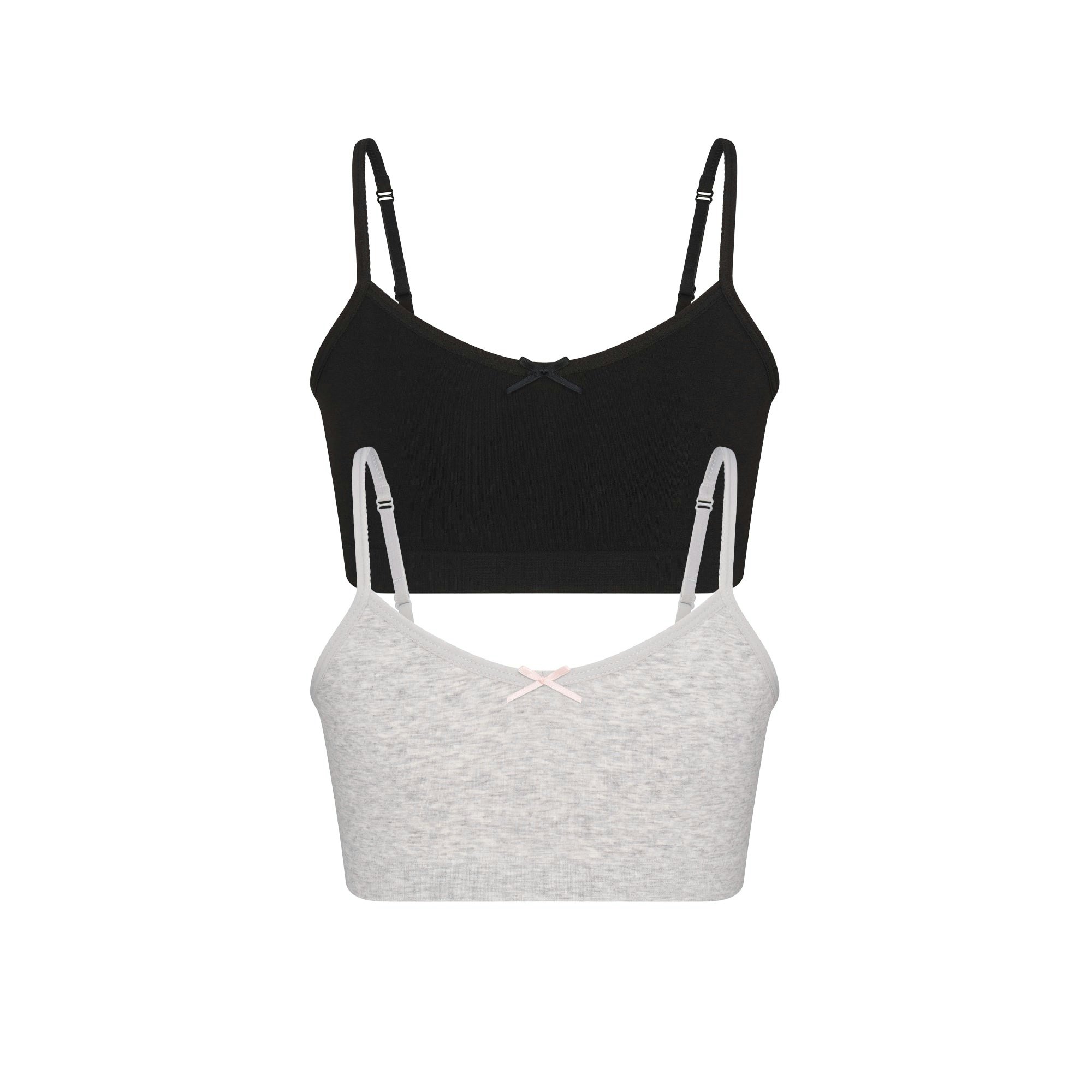 COTTON SEAMLESS GIRLS BRALETTE 2-PACK | LIGHT HEATHER GREY AND SOOT FLAT ON A WHITE BACKGROUND @ | FLT