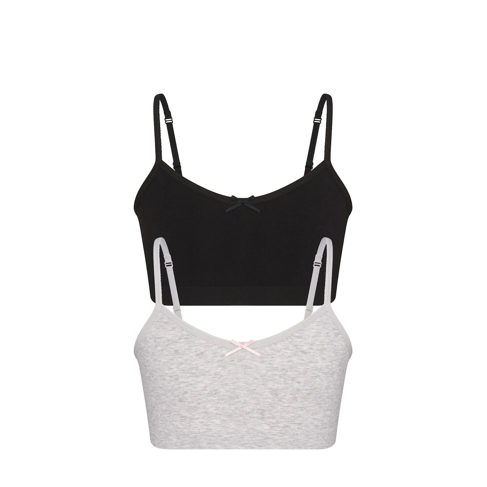 COTTON SEAMLESS GIRLS BRALETTE 2-PACK | LIGHT HEATHER GREY AND SOOT FLAT ON A WHITE BACKGROUND @ | FLT