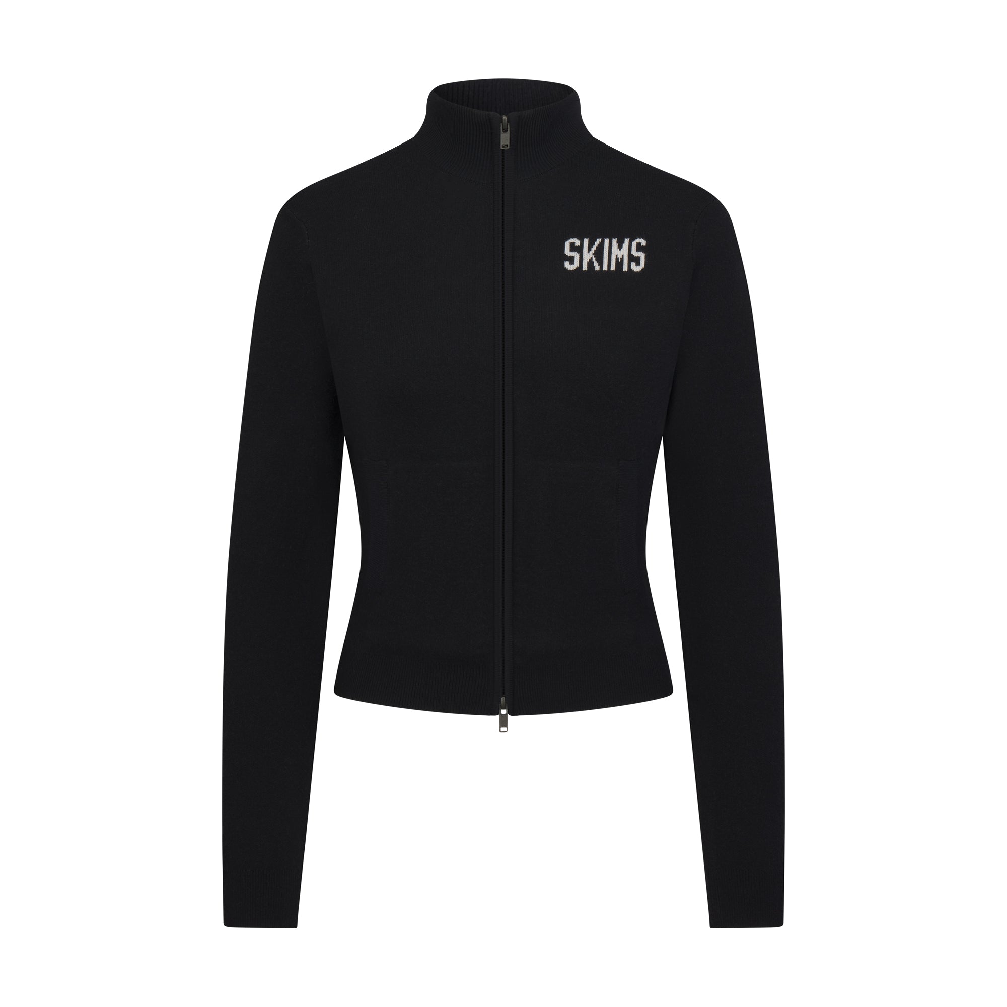 SWEATER KNIT LOGO ZIP UP MOCK NECK SWEATER | ONYX EGRET & LAYS FLAT ON A WHITE BACKGROUND | FLT