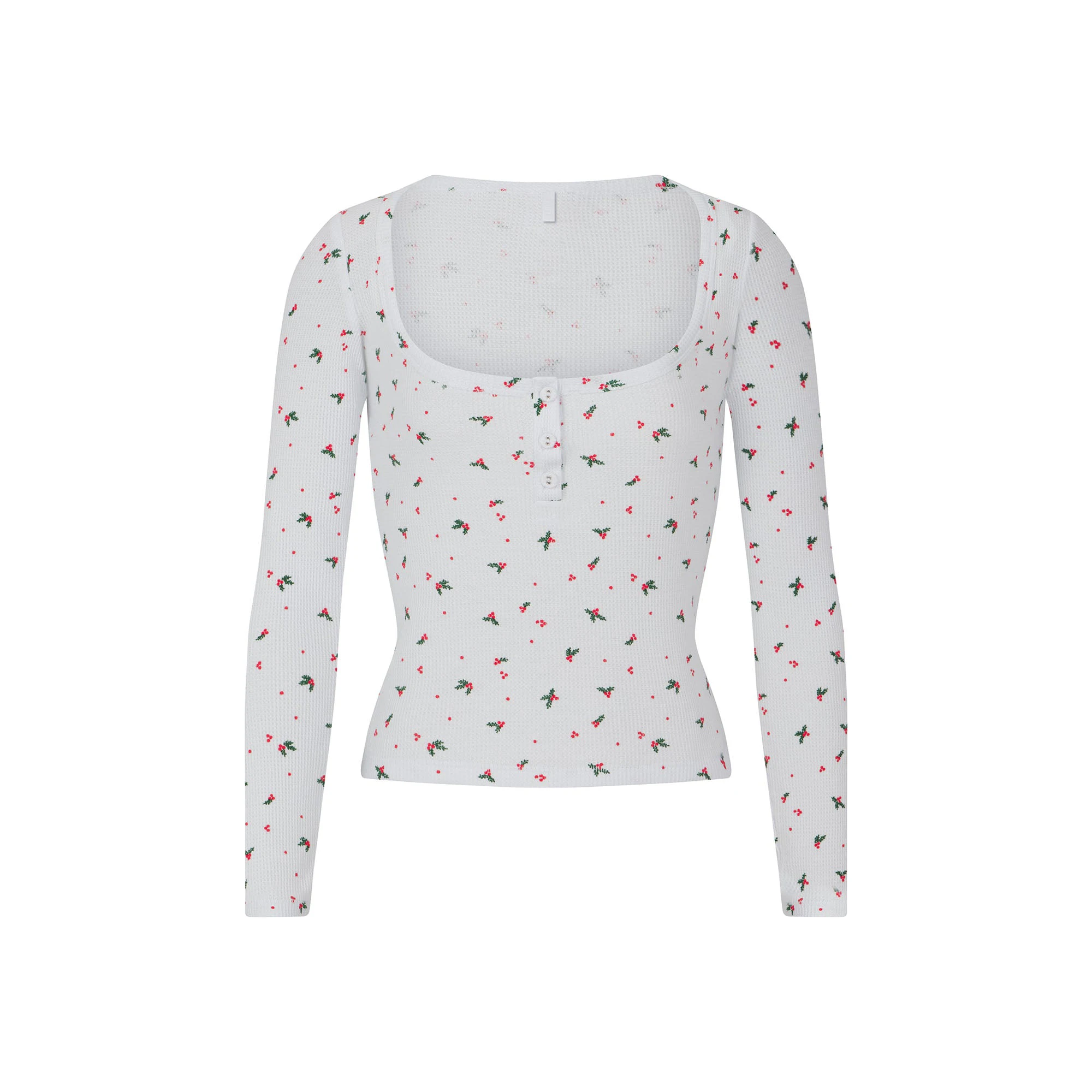 WAFFLE LONG SLEEVE HENLEY AND SHORT SET | CLOUD HOLLY PRINT ON A MODEL FRONT VIEW