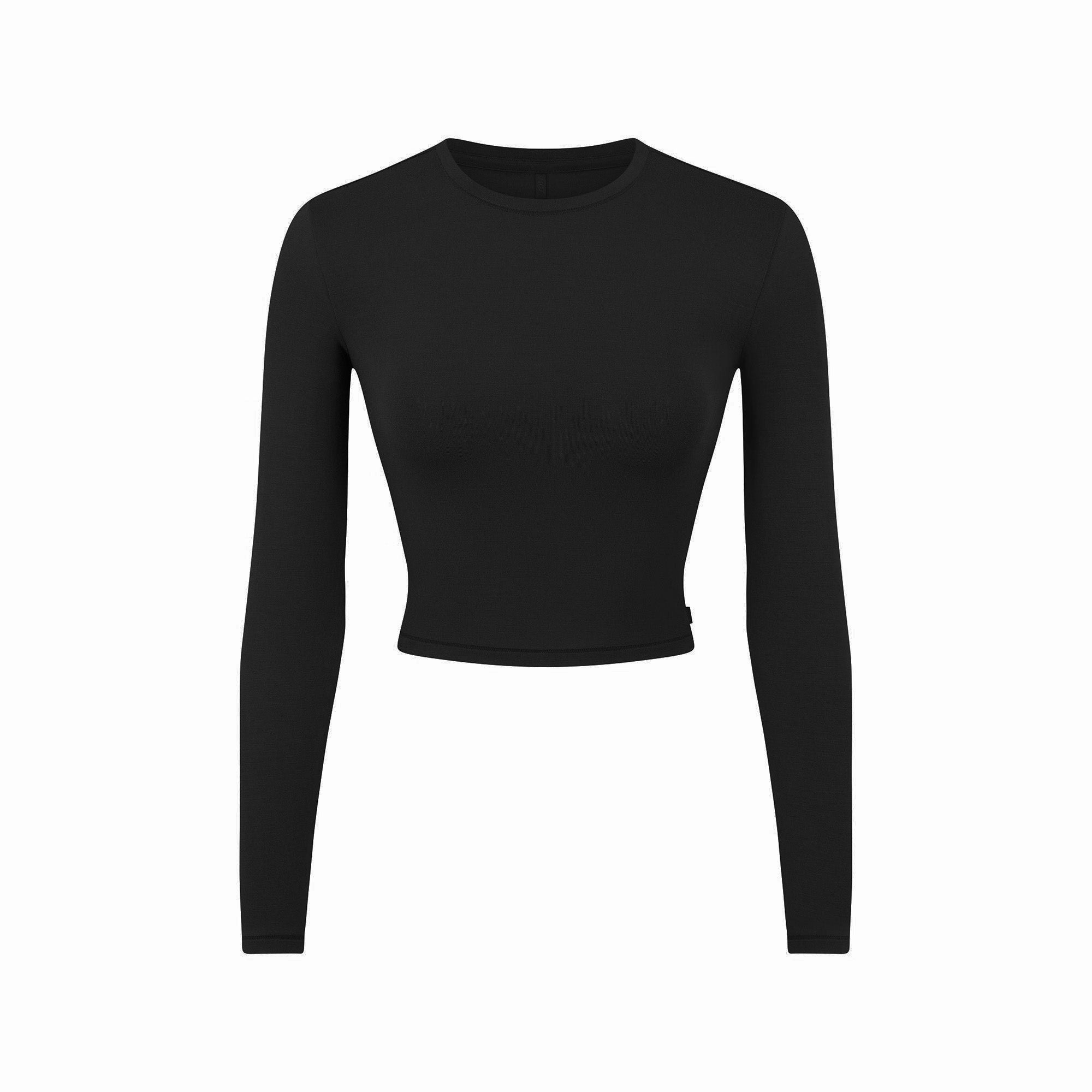 SKIMS SLEEP SUPER CROPPED LONG SLEEVE | ONYX FLAT ON A WHITE BACKGROUND | FLT