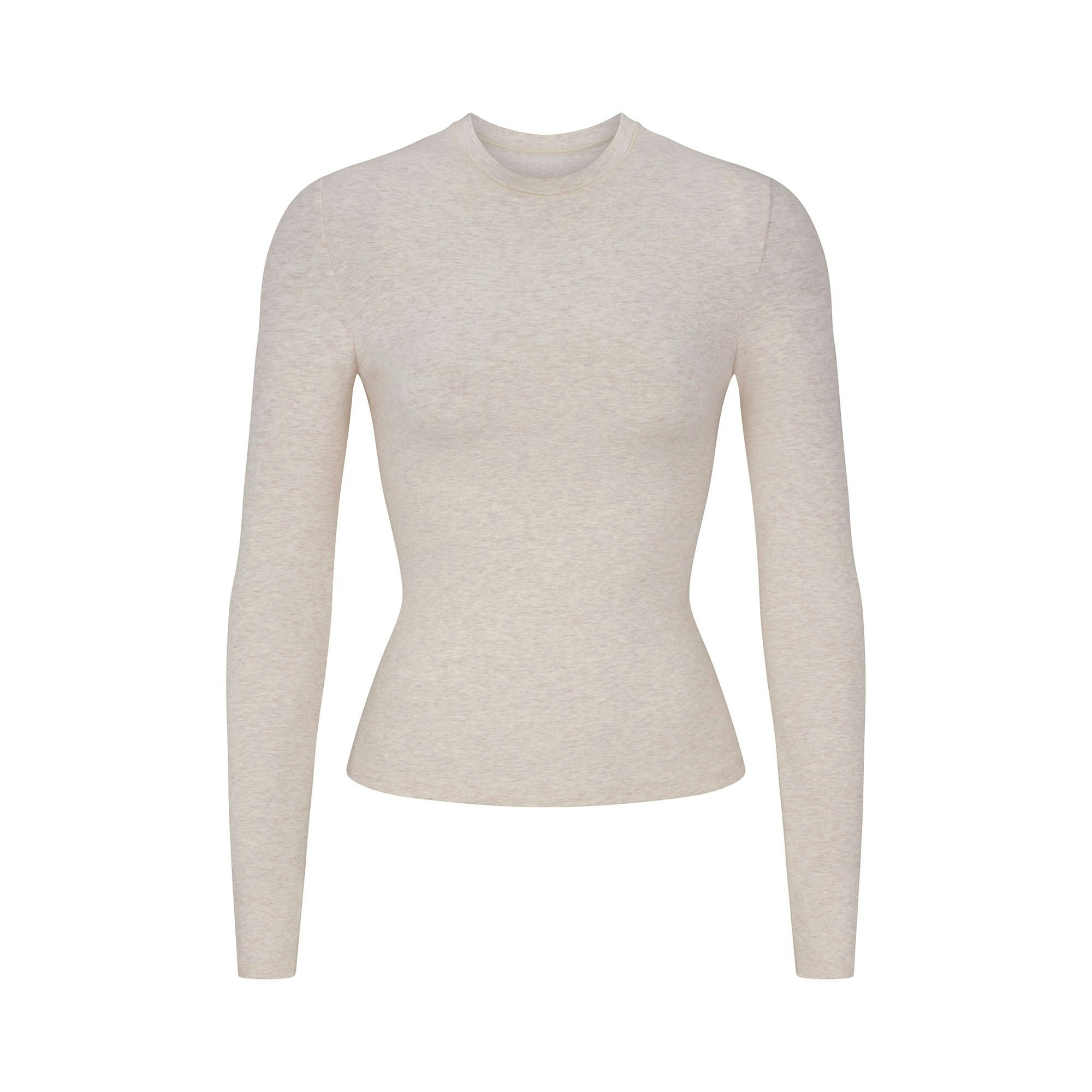 COTTON JERSEY LONG SLEEVE T-SHIRT | HEATHER OATMEAL FLAT ON A WHITE BACKGROUND | FLT