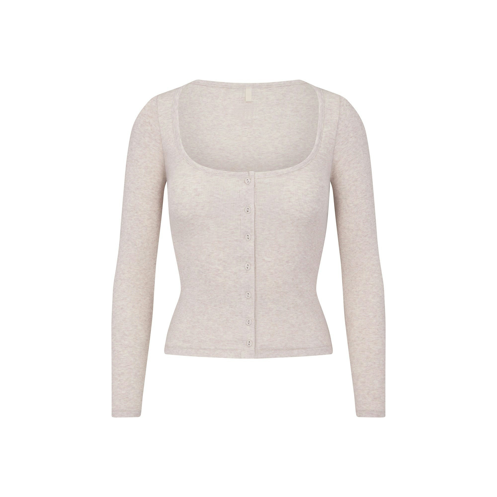 COTTON RIB LONG SLEEVE BUTTON UP HEATHER OATMEAL FLAT ON A WHITE BACKGROUND | FLT | FLT