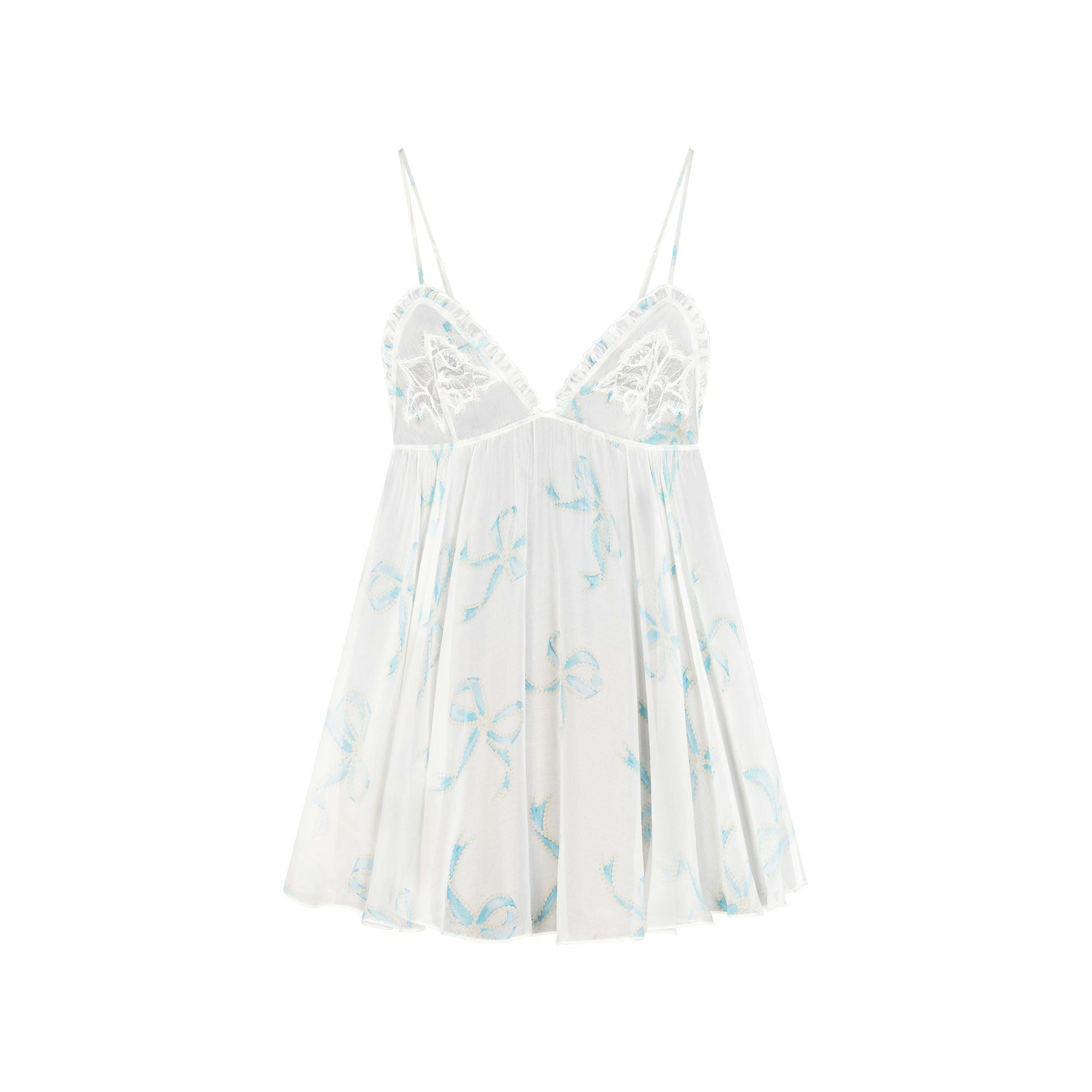 SKIMS ROMANCE BABYDOLL DRESS | IVORY PEARL BOWS PRINT LAYS FLAT ON A WHITE BACKGROUND | FLT 