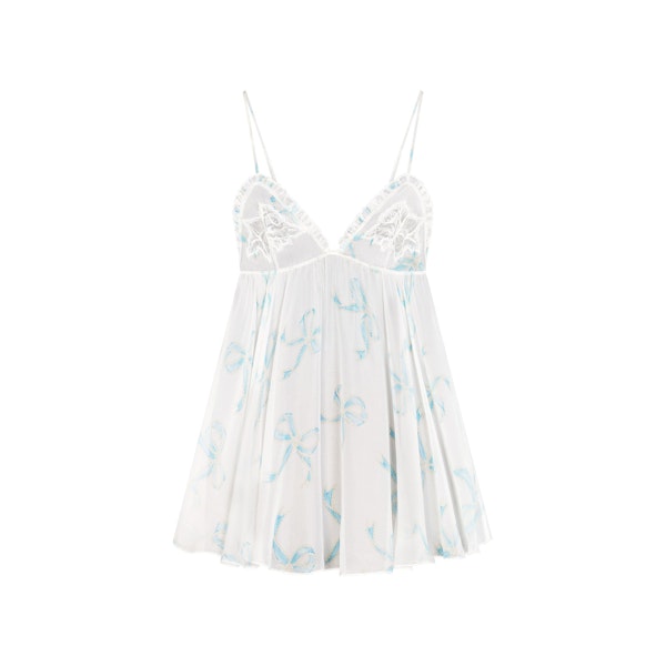 SKIMS ROMANCE BABYDOLL DRESS | IVORY PEARL BOWS PRINT LAYS FLAT ON A WHITE BACKGROUND | FLT 