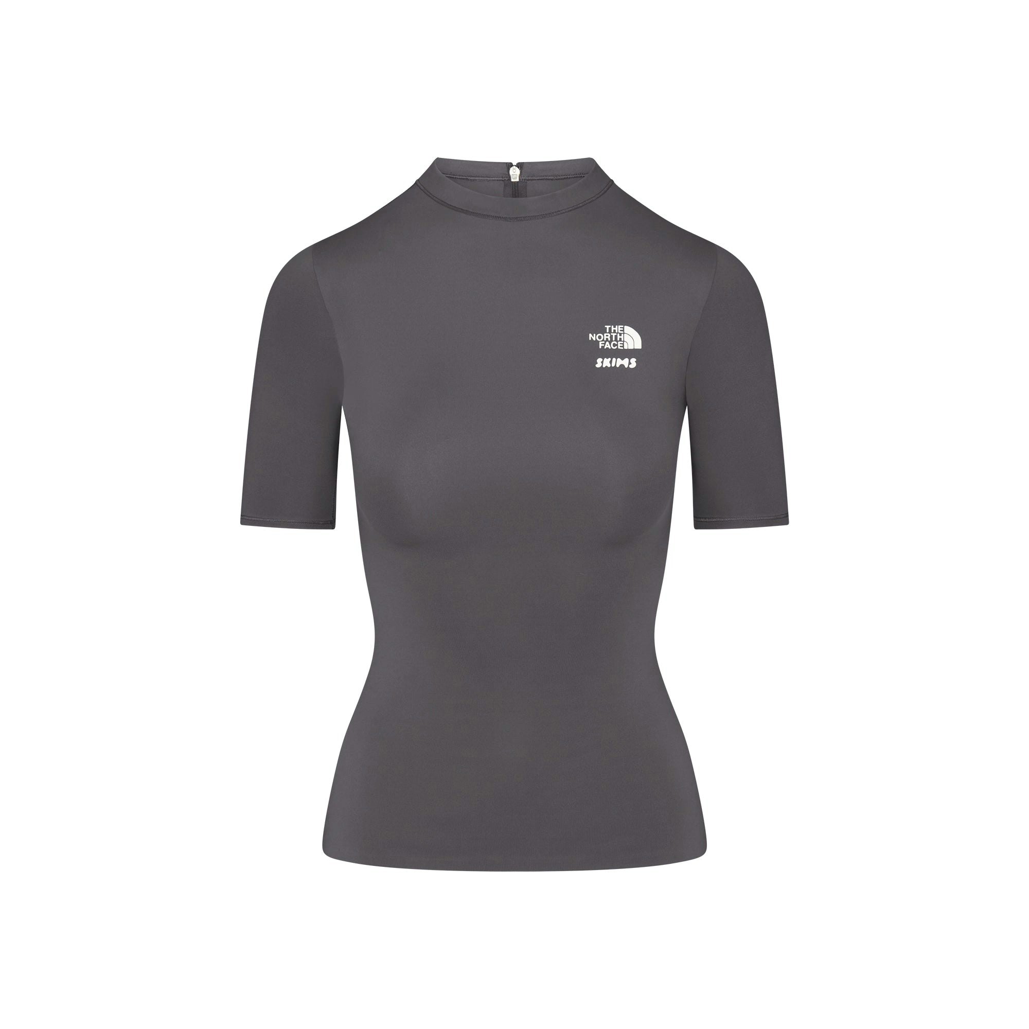 THE NORTH FACE X SKIMS REFINA SHORT SLEEVE TOP | GUNMETAL FLAT ON A WHITE BACKGROUND | FLT