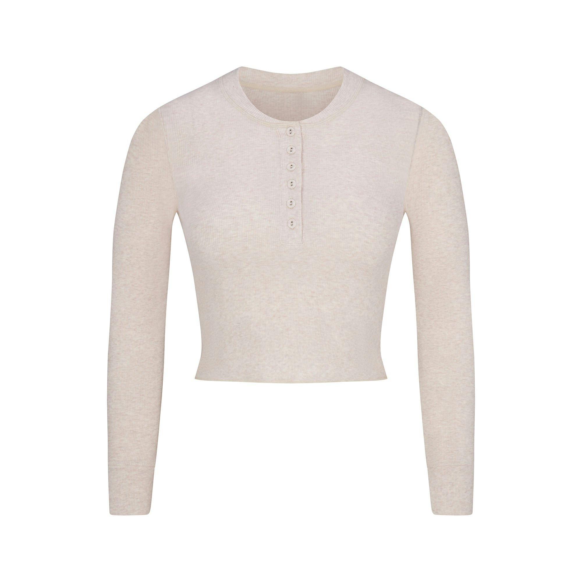 COTTON RIB LONG SLEEVE CROP HENLEY HEATHER OATMEAL FLAT ON A WHITE BACKGROUND | FLT | FLT