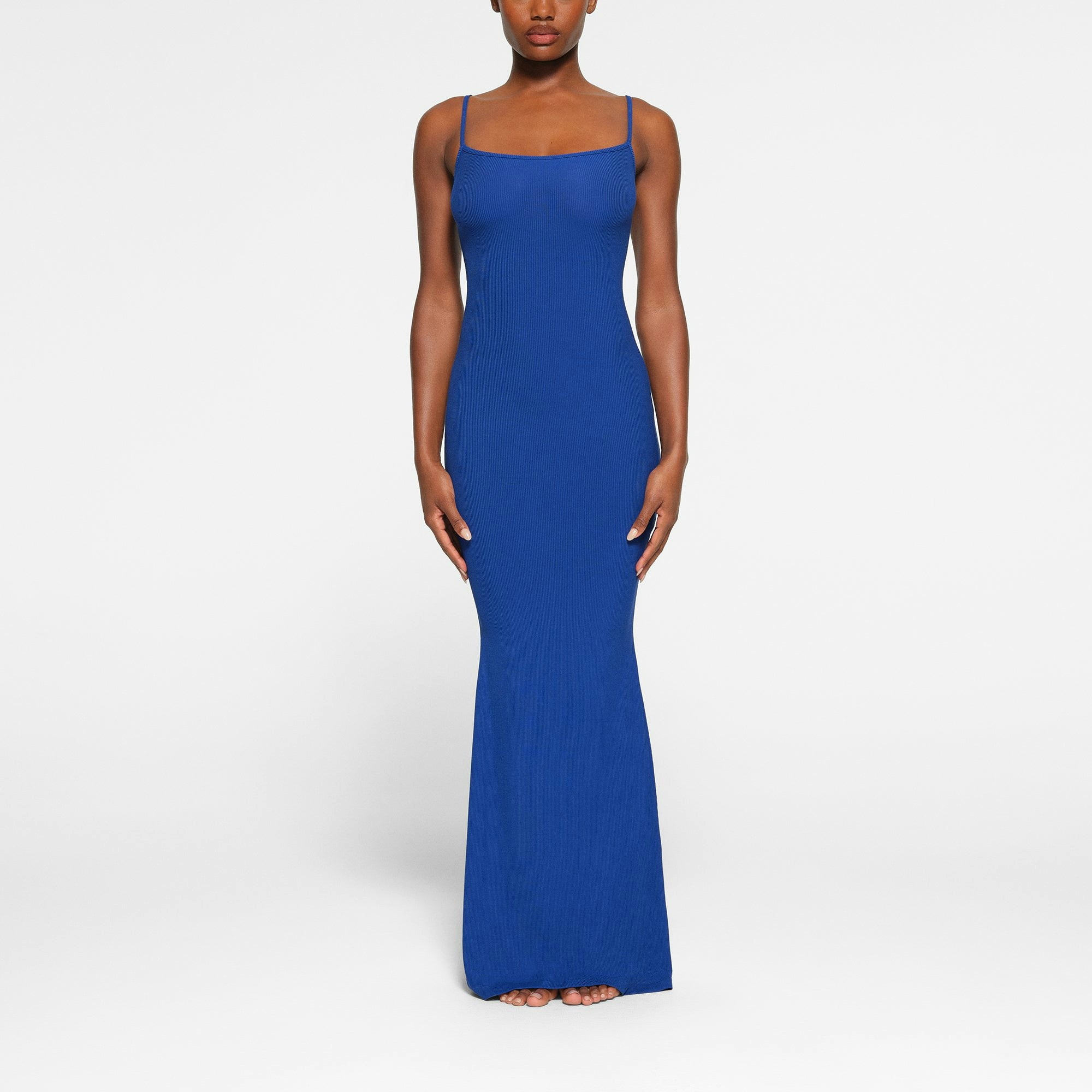 SOFT LOUNGE LONG SLIP DRESS WORN BY A MODEL IN FRONT VIEW