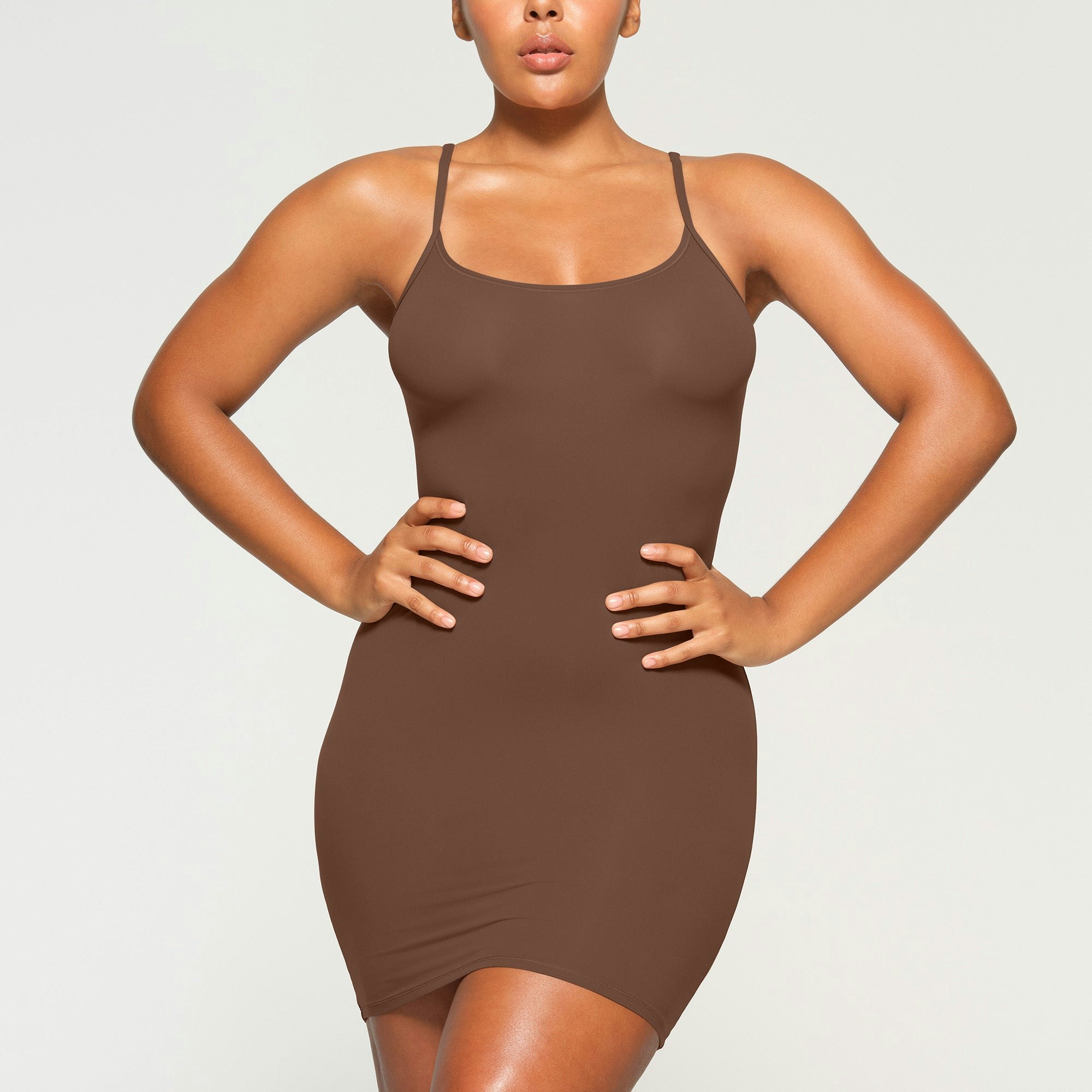 FITS EVERYBODY SLIP DRESS WORN BY A MODEL IN FRONT VIEW | SEE: M, L, XL