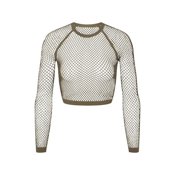 WARP KNIT COVER UP LONG SLEEVE CROPPED TOP LAYS FLAT ON A WHITE BACKGROUND