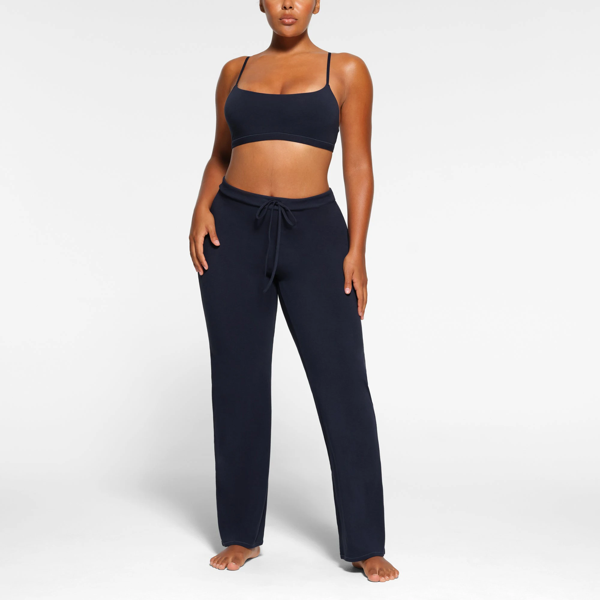 COTTON JERSEY STRAIGHT LEG PANT WORN BY A MODEL IN FRONT VIEW