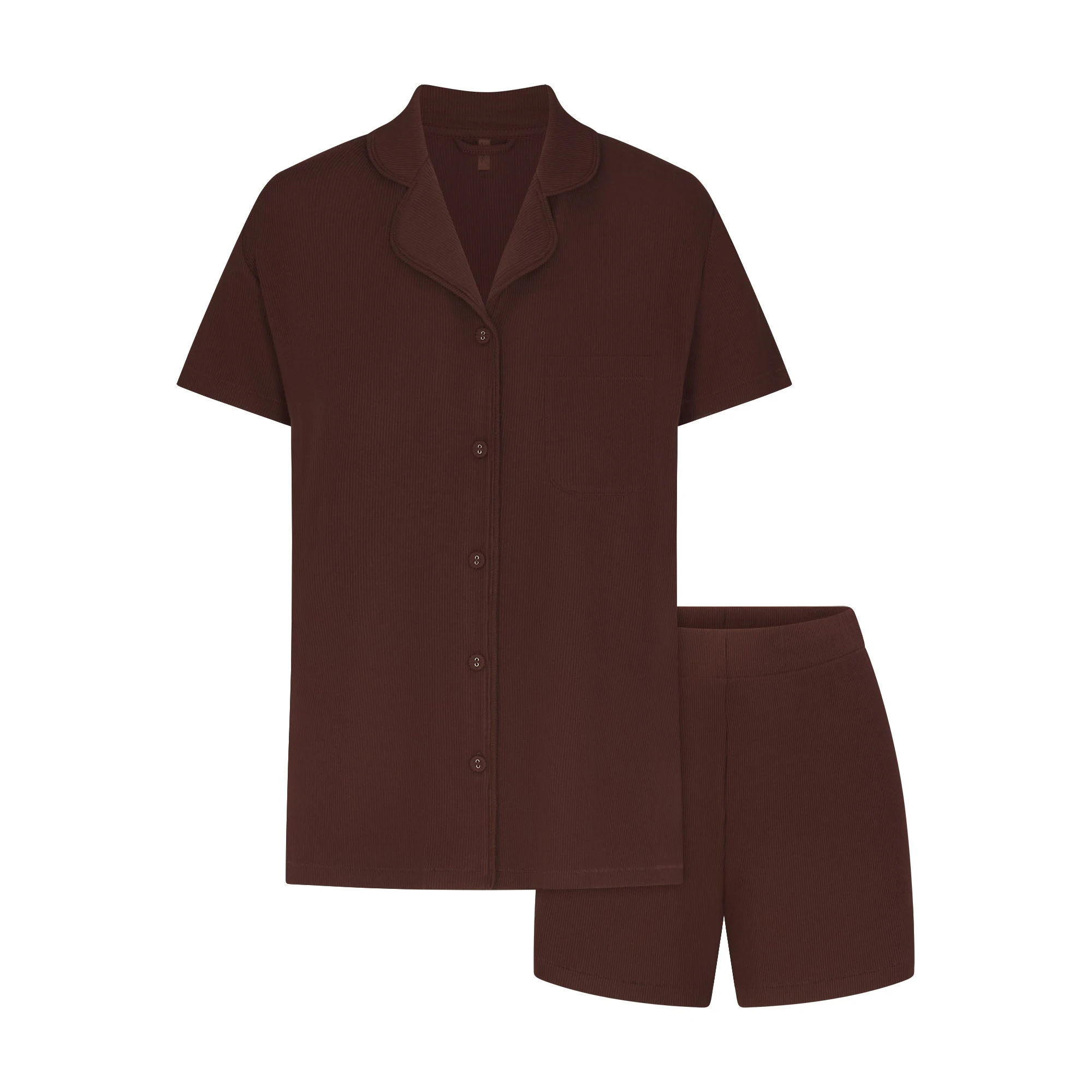 SOFT LOUNGE SHORT SLEEP SET | COCOA FLAT ON A WHITE BACKGROUND | FLT