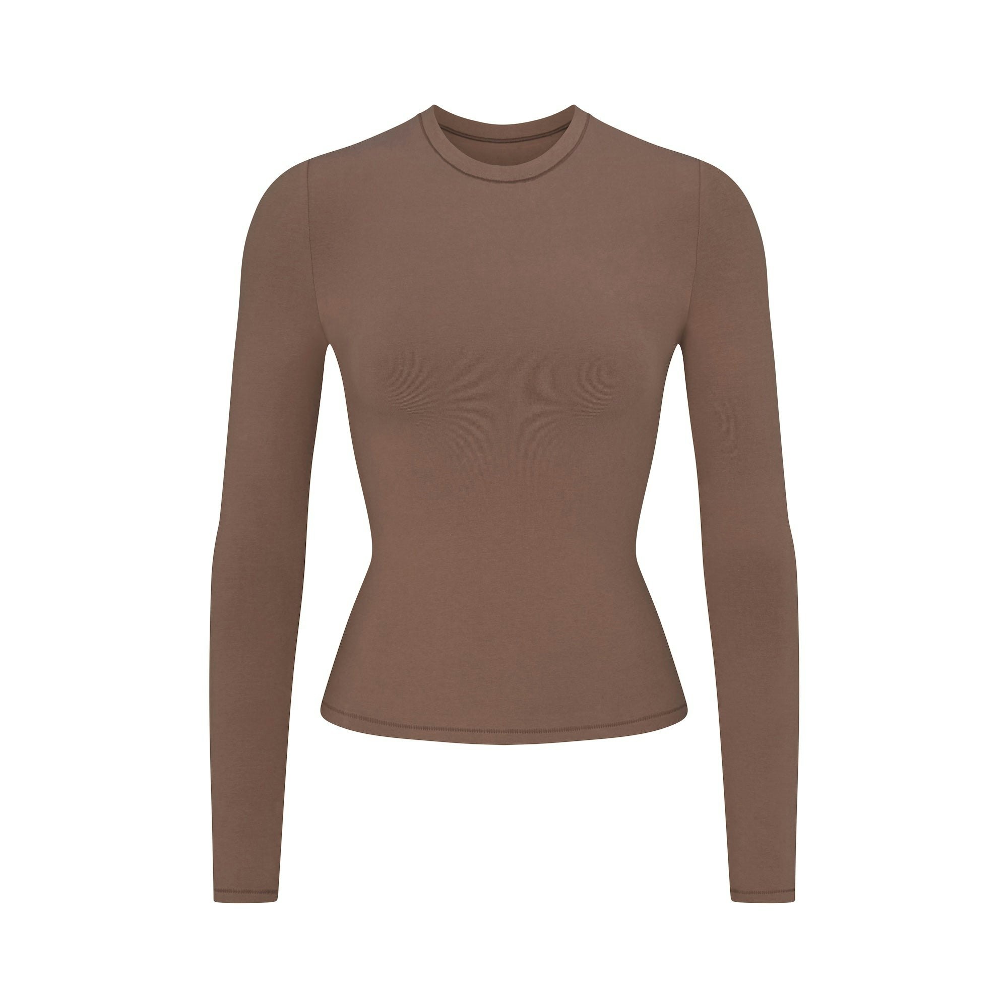 COTTON JERSEY LONG SLEEVE T-SHIRT | TRUFFLE LAYS FLAT ON A WHITE BACKGROUND | FLT