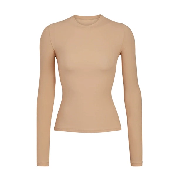 FITS EVERYBODY LONG SLEEVE T-SHIRT | CLAY (LONG SLEEVE T-SHIRTS, TOPS) LAYS FLAT ON A WHITE BACKGROUND | FLT