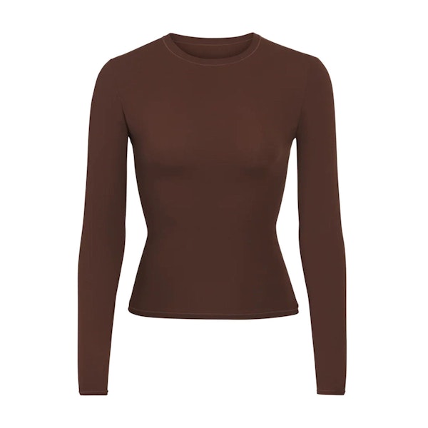FITS EVERYBODY LONG SLEEVE T-SHIRT | COCOA (LONG SLEEVE T-SHIRTS, TOPS) LAYS FLAT ON A WHITE BACKGROUND | FLT