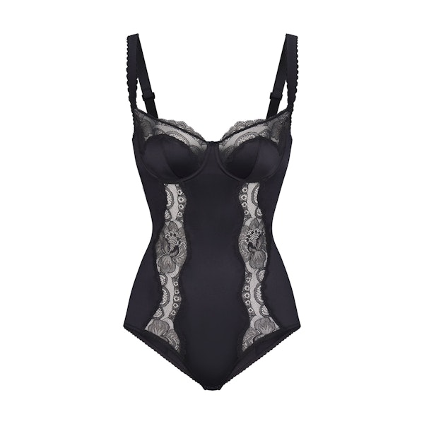 STRETCH SATIN LACE BRIEF BODYSUIT | ONYX (BODYSUITS) LAYS FLAT ON A WHITE BACKGROUND