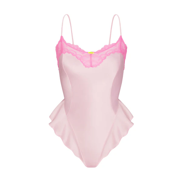 WOVEN SHINE LACE TEDDY | CHERRY BLOSSOM (TEDDYS, BODYSUITS) LAYS FLAT ON A WHITE BACKGROUND