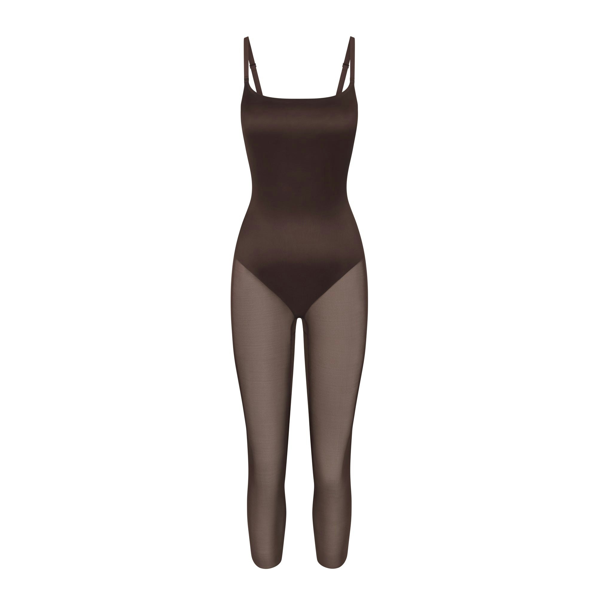 SIMPLY BARE LOW BACK CATSUIT | ESPRESSO (CATSUITS, BODYSUITS) LAYS FLAT ON A WHITE BACKGROUND | FLT