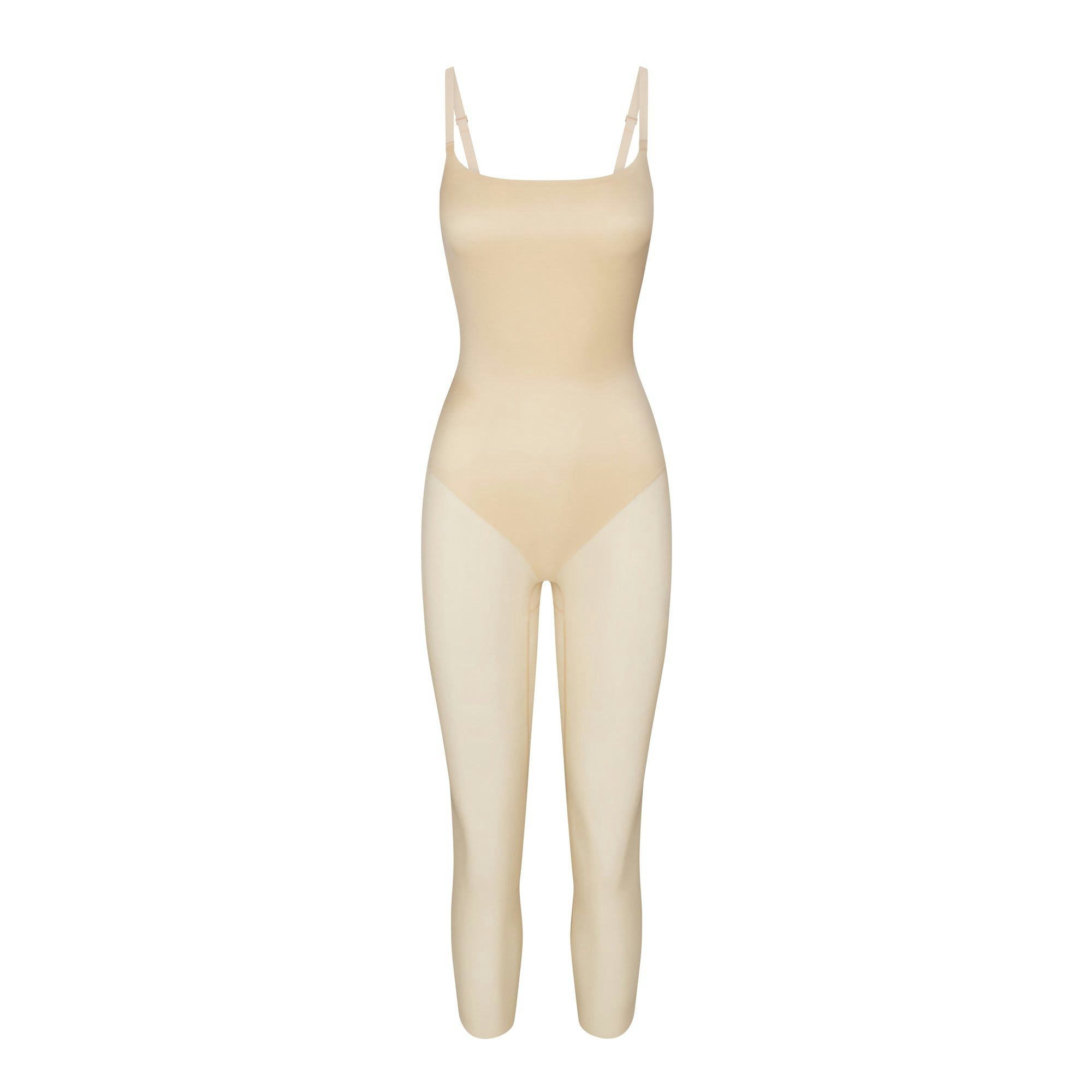 SIMPLY BARE LOW BACK CATSUIT | SAND (CATSUITS, BODYSUITS) LAYS FLAT ON A WHITE BACKGROUND