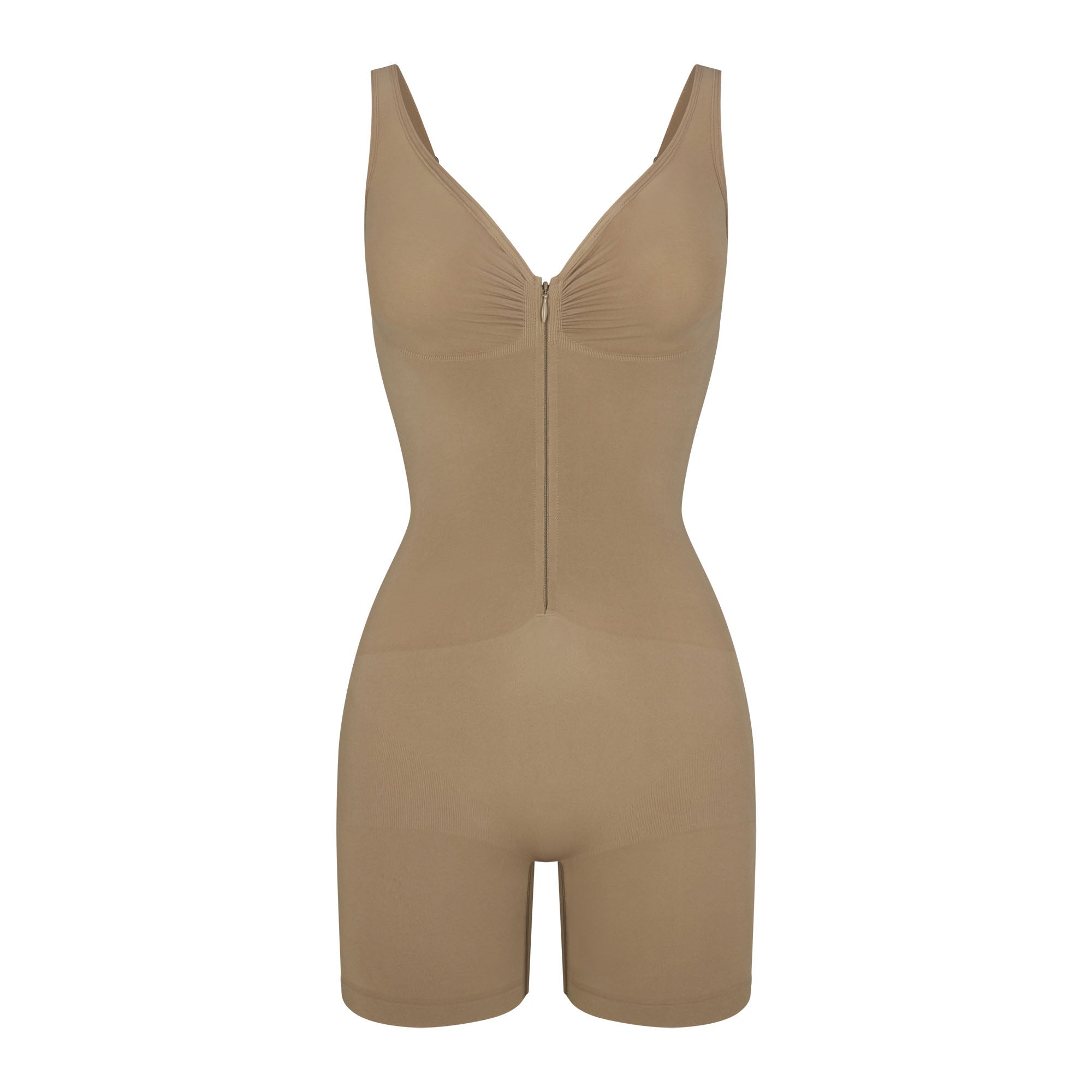 SEAMLESS SCULPT ZIP FRONT MID THIGH BODYSUIT | DESERT | XXS