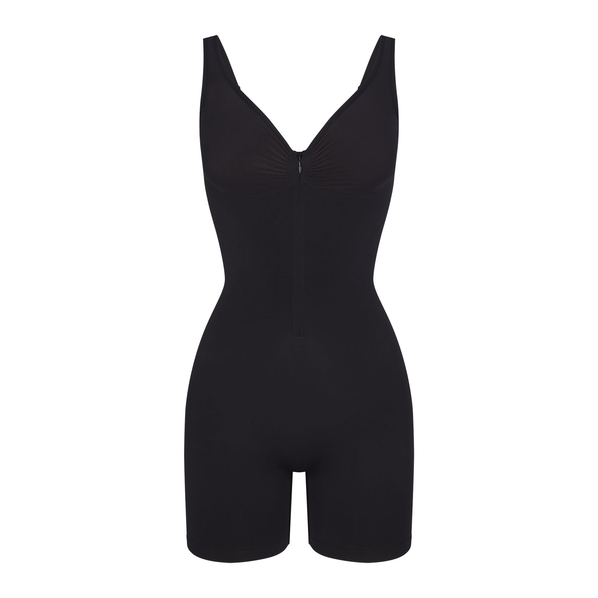 SEAMLESS SCULPT ZIP FRONT MID THIGH BODYSUIT | ONYX | XXS