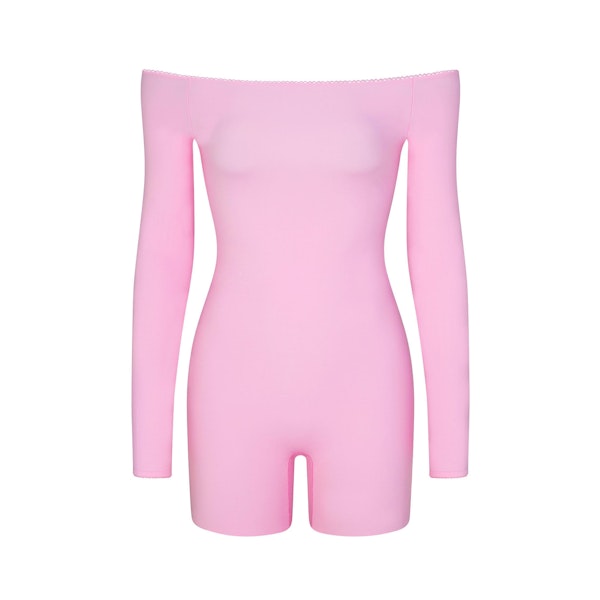 FITS EVERYBODY PICOT TRIM OFF THE SHOULDER ONESIE | BUBBLE GUM (ONESIES, BODYSUITS) LAYS FLAT ON A WHITE BACKGROUND | FLT