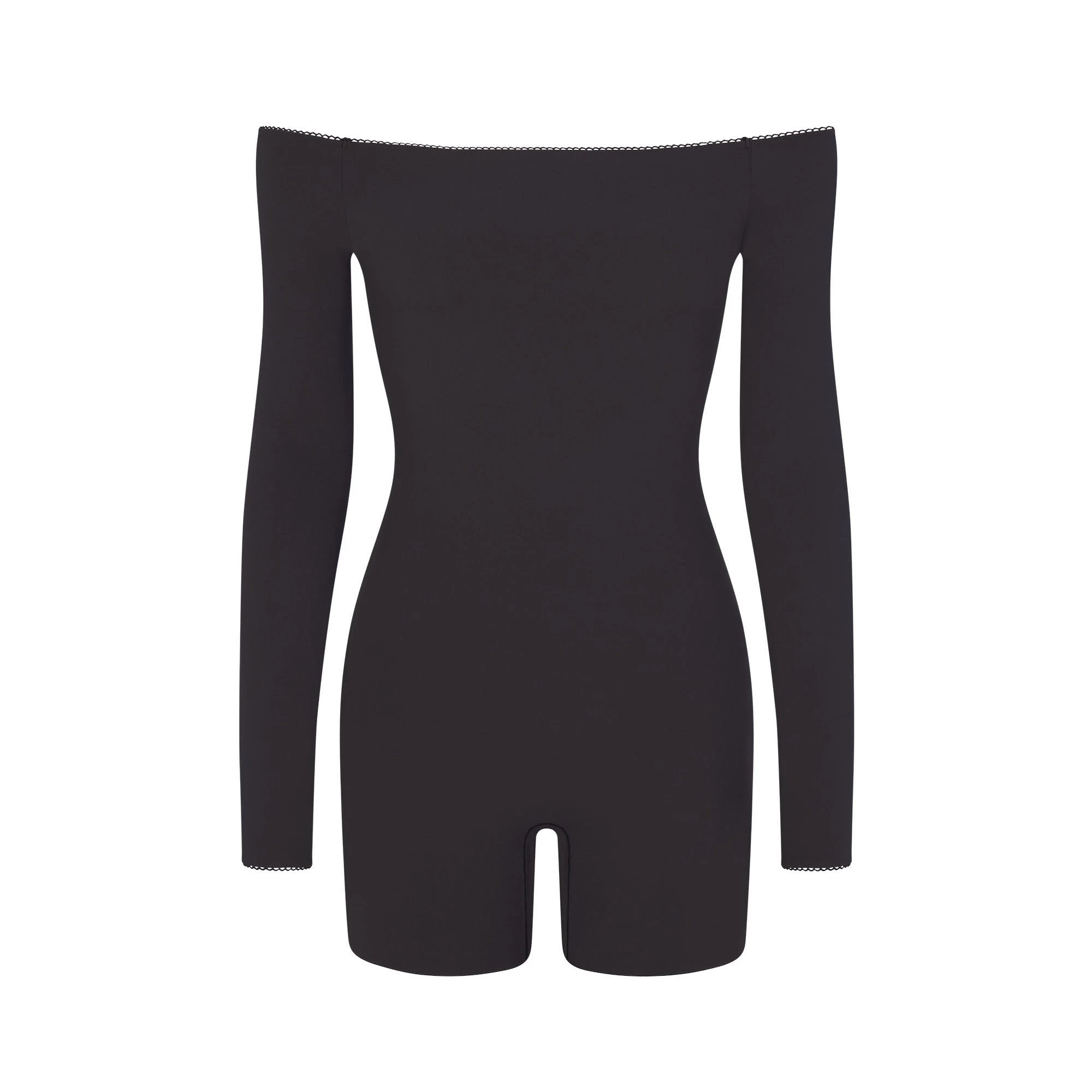 FITS EVERYBODY PICOT TRIM OFF THE SHOULDER ONESIE | ONYX (ONESIES, BODYSUITS) LAYS FLAT ON A WHITE BACKGROUND | FLT