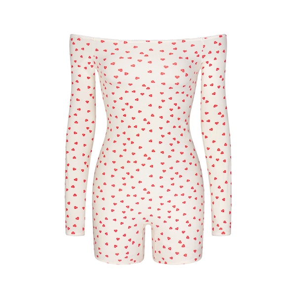 FITS EVERYBODY PICOT TRIM OFF THE SHOULDER ONESIE | RUBY HEART PRINT (ONESIES, BODYSUITS) LAYS FLAT ON A WHITE BACKGROUND | FLT