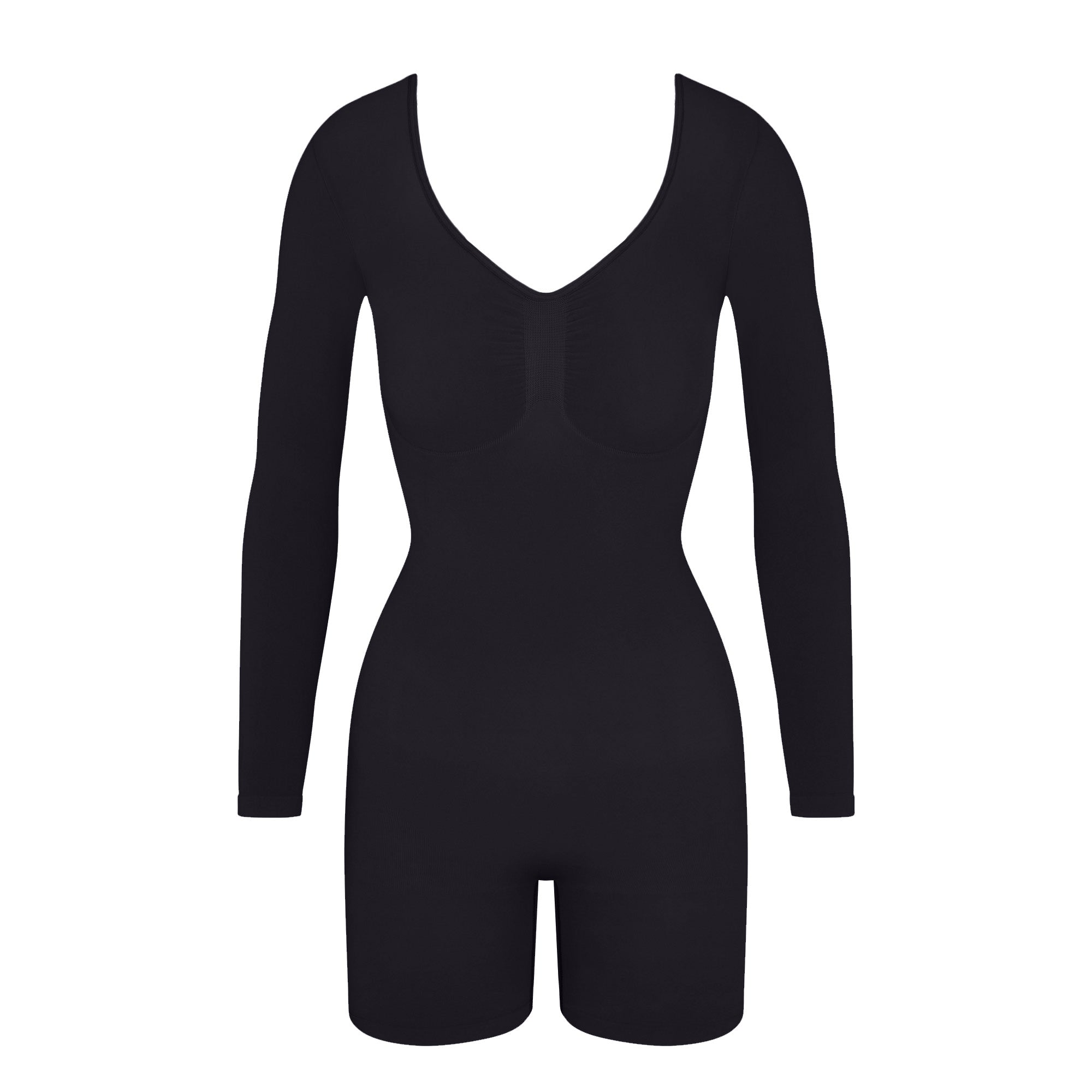 SEAMLESS SCULPT LONG SLEEVE LOW BACK MID THIGH BODYSUIT | ONYX FLAT ON A WHITE BACKGROUND