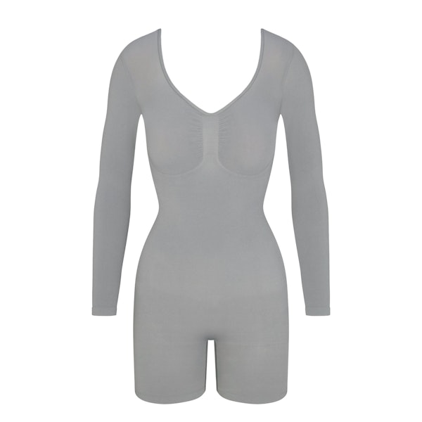 SEAMLESS SCULPT LONG SLEEVE LOW BACK MID THIGH BODYSUIT | PACIFIC FLAT ON A WHITE BACKGROUND | FLT