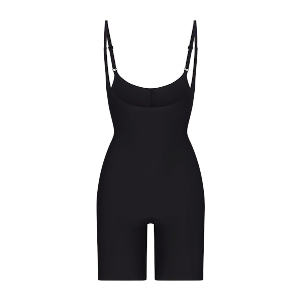 SKIMS BODY BUTT ENHANCING OPEN BUST PADDED BODYSUIT | ONYX FLAT ON A WHITE BACKGROUND | FLT | FLT