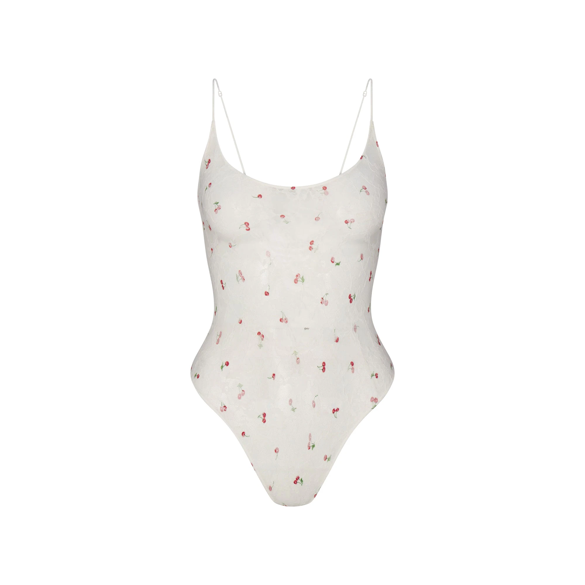 STRETCH LACE THONG BODYSUIT | IVORY CHERRY PRINT FLAT ON A WHITE BACKGROUND | FLT
