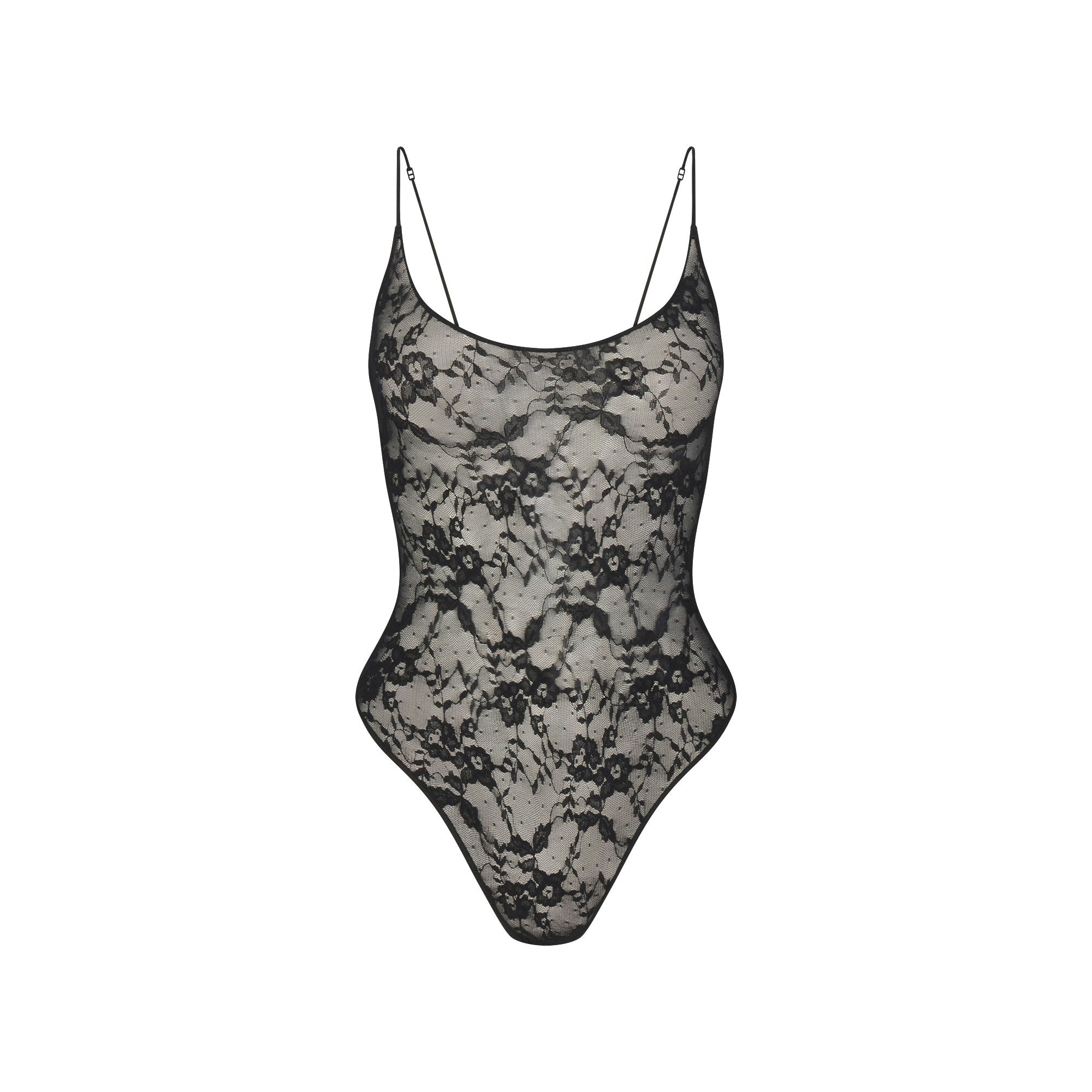 STRETCH LACE THONG BODYSUIT | SOOT FLAT ON A WHITE BACKGROUND | FLT